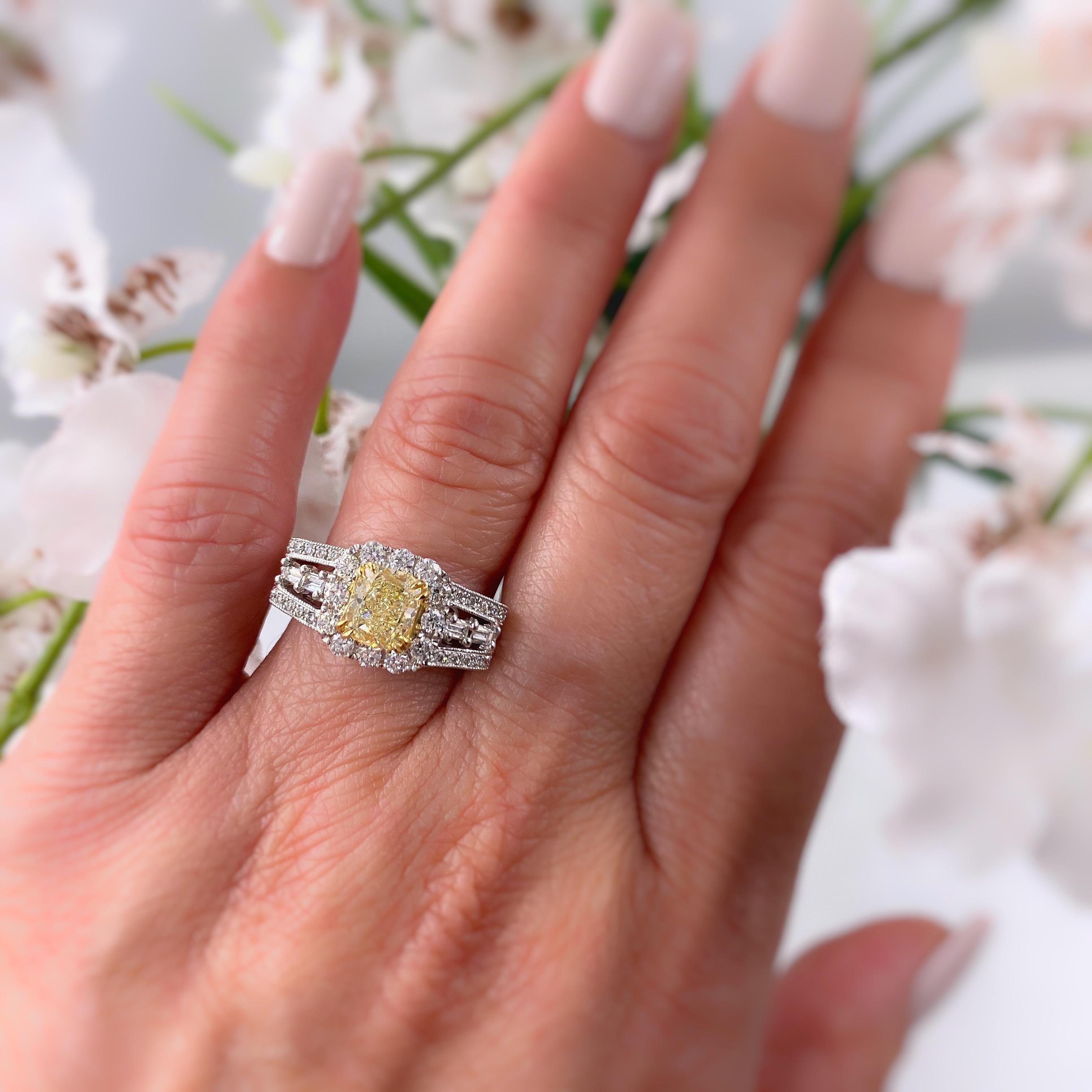 Cushion Cut M. Christoff Cushion Fancy Yellow 2.34 Carat Diamond Ring 18 Karat WG AIGL