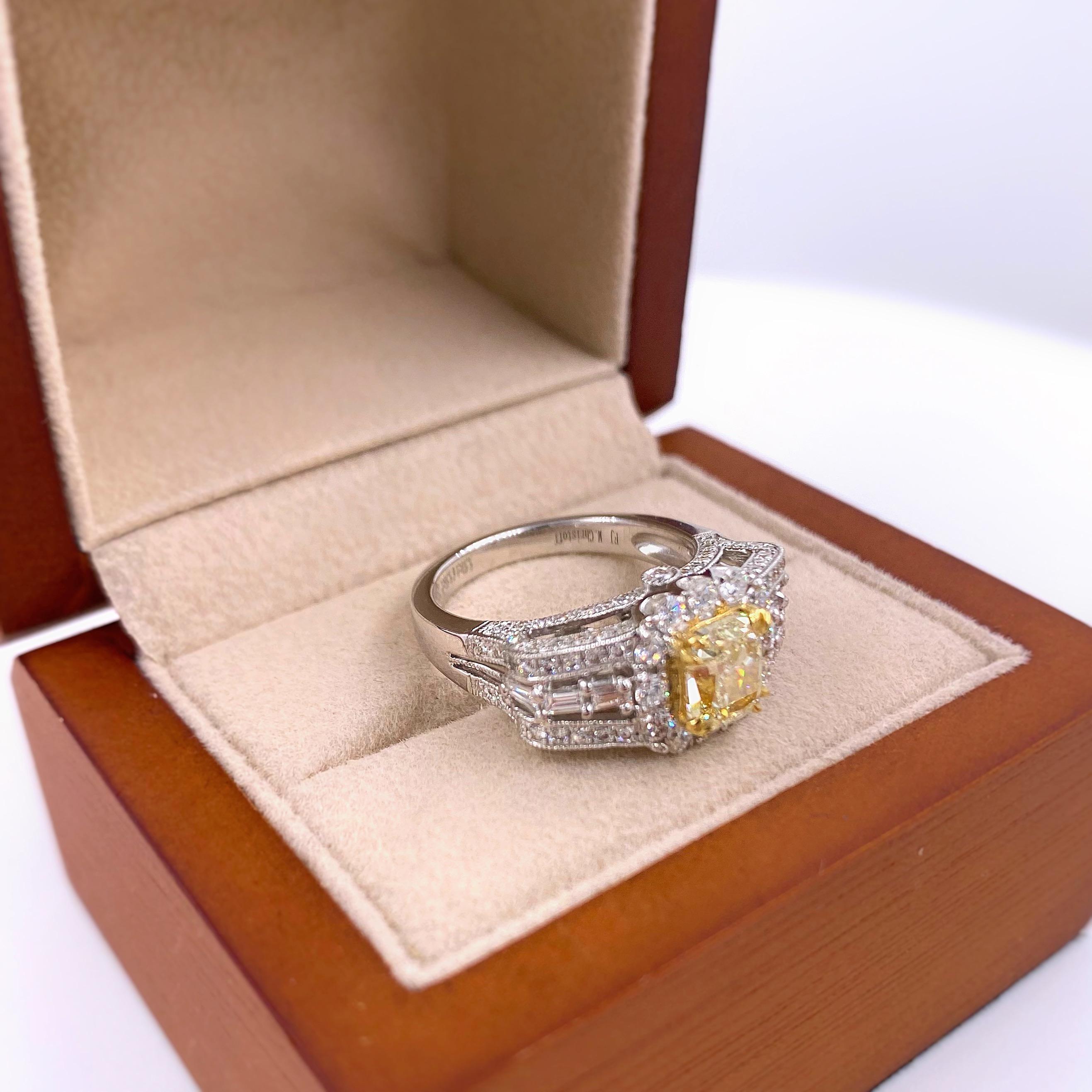 M. Christoff Cushion Fancy Yellow 2.34 Carat Diamond Ring 18 Karat WG AIGL 1