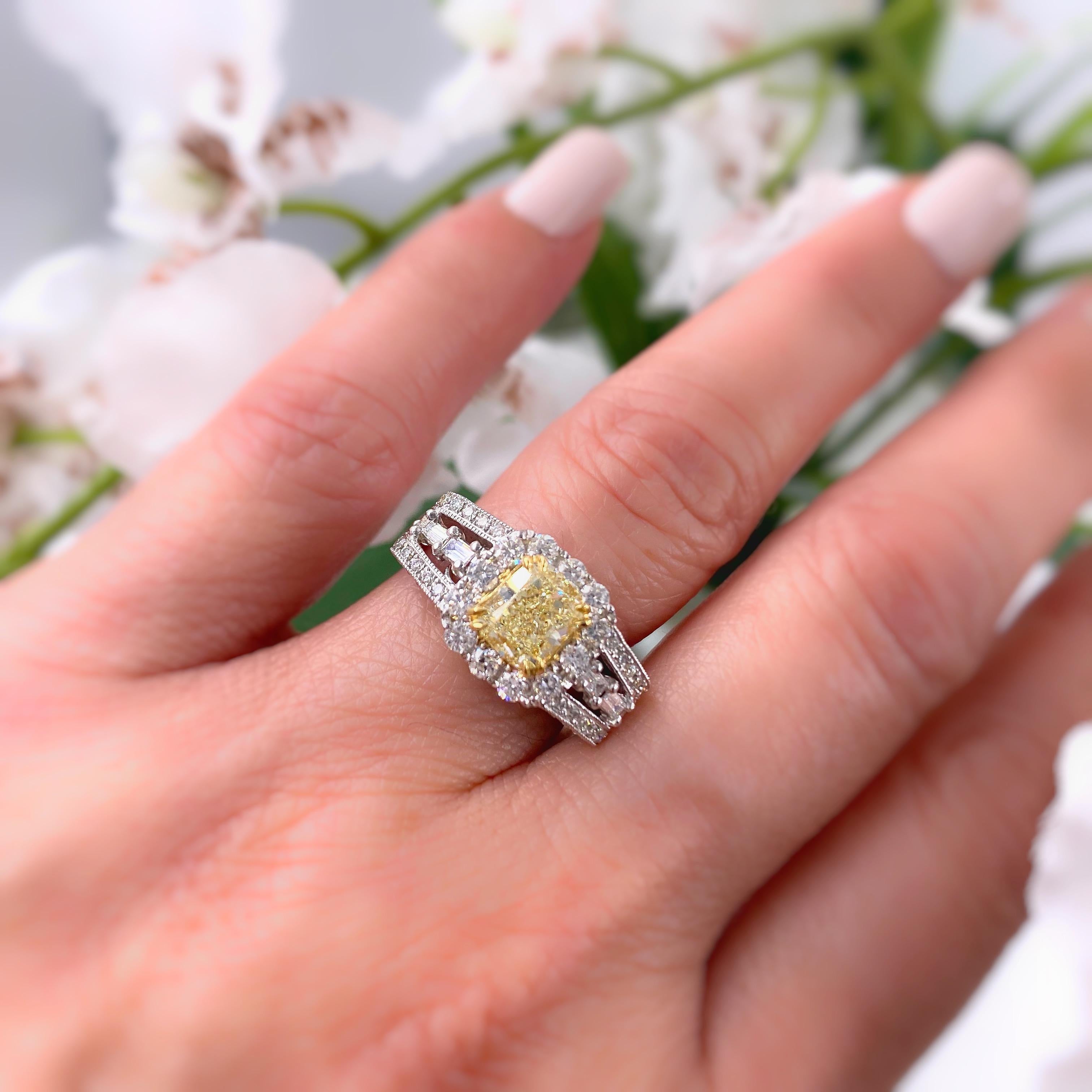 M. Christoff Cushion Fancy Yellow 2.34 Carat Diamond Ring 18 Karat WG AIGL 2