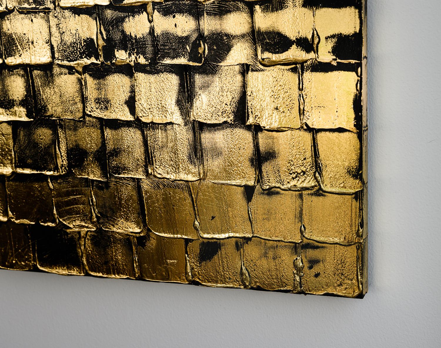 <p>Artist Comments<br>A grid-like pattern forms a golden wall, exemplifying artist M. Clark's expressive medium. The technique used to create this is one where gold foil is sculpted using an innovative process M. developed. 