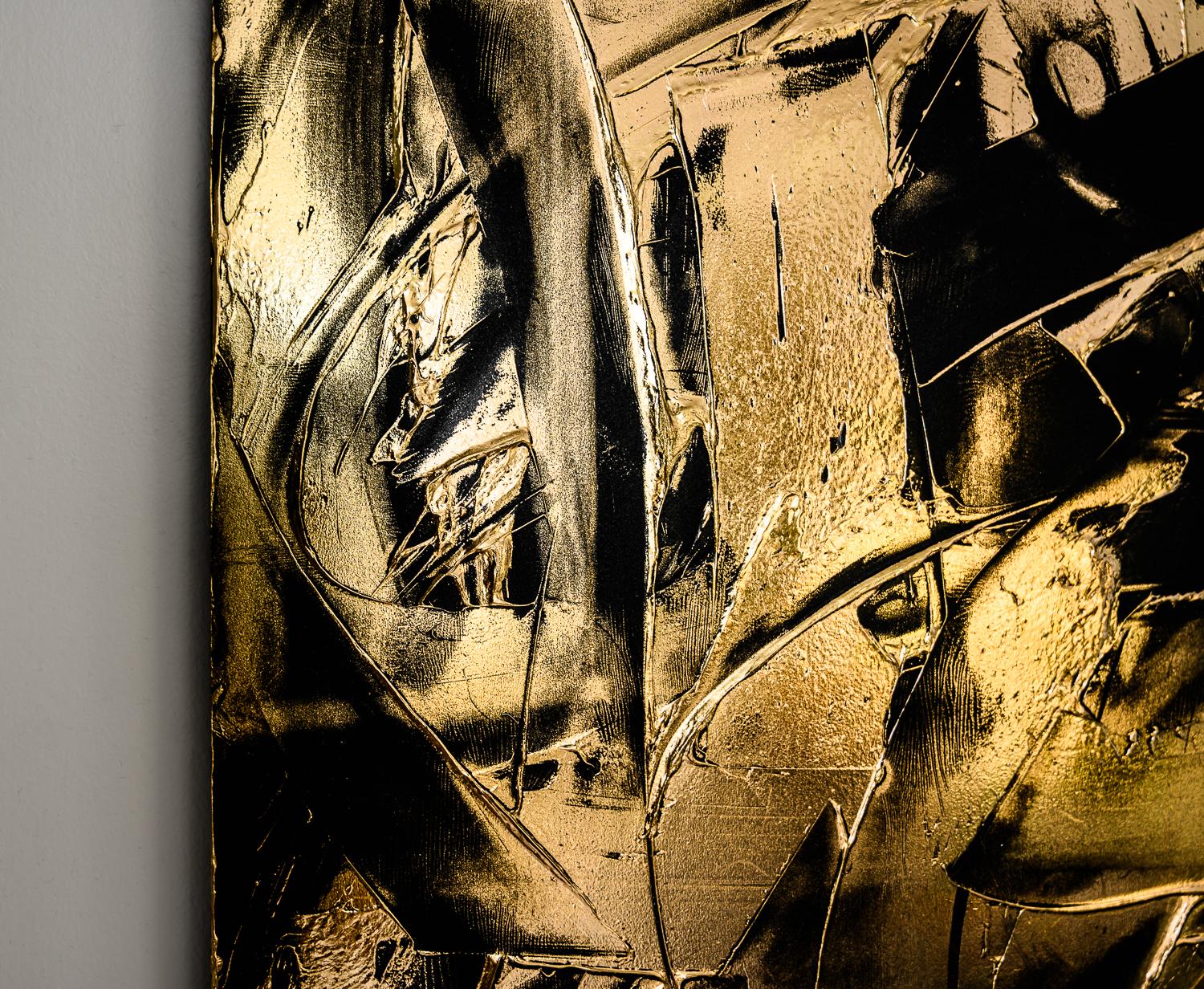 <p>Artist Comments<br />Gestural strokes of solid gold spread against a black surface. This energetic piece has a continuously shifting luminosity that is dependent on the viewer’s vantage point. 