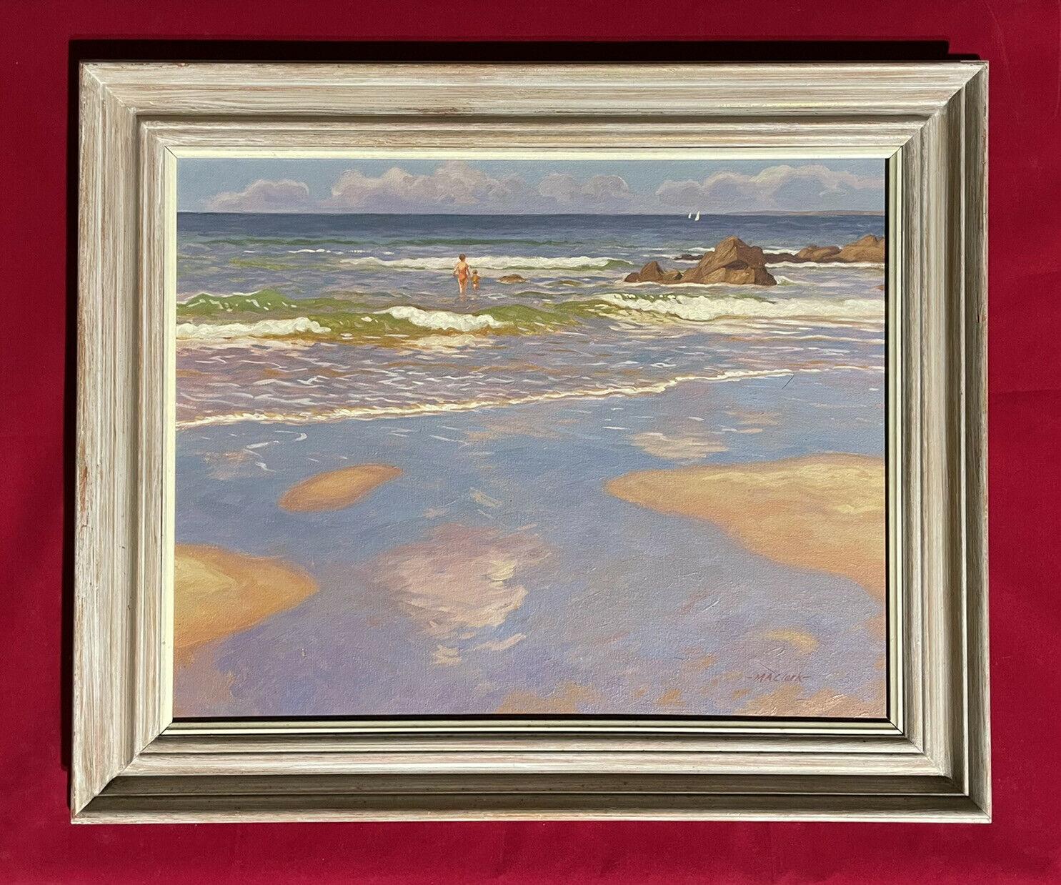 FINE MODERN BRITISH SIGNED OIL PAINTING - CHILDREN PLAYING IN SURF ON BEACH - Painting by M. Clark