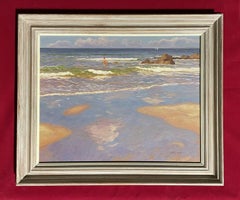 FINE MODERN BRITISH SIGNED OIL PAINTING - CHILDREN PLAYING IN SURF ON BEACH