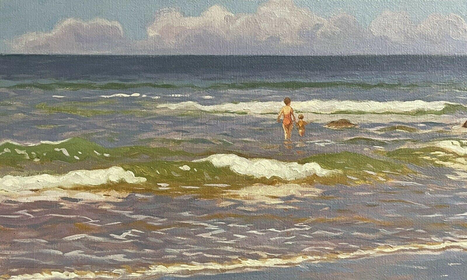 FINE MODERN BRITISH SIGNED OIL PAINTING - CHILDREN PLAYING IN SURF ON BEACH - Impressionist Painting by M. Clark