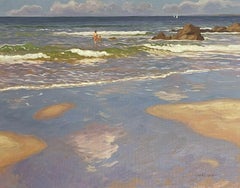 FINE MODERNE BRITISH SIGNED OIL PAINTING - KÜNSTLER, DIE IM SURF ARBEITEN  spielen