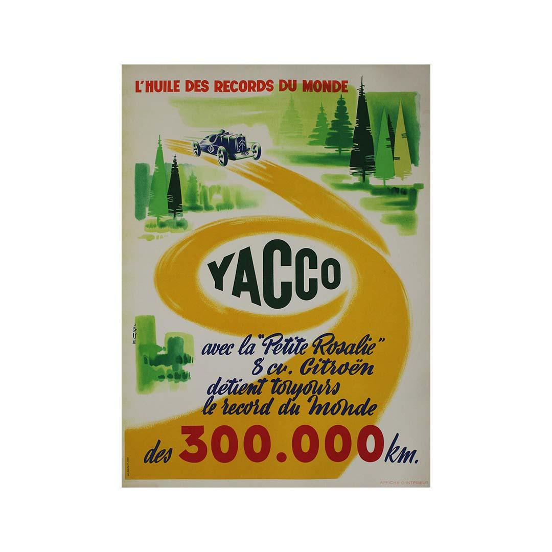 Das Original-Werbeplakat von M. Collet für Yacco aus dem Jahr 1956 mit dem Titel L'huile des records du monde (Das Öl der Weltrekorde) war Teil einer ikonischen Kampagne, die den Ruf von Yacco als führender Anbieter von Hochleistungsmotorenölen