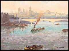 River Thames - Mid 20th Century London Landscape Impressionist Oil Painting