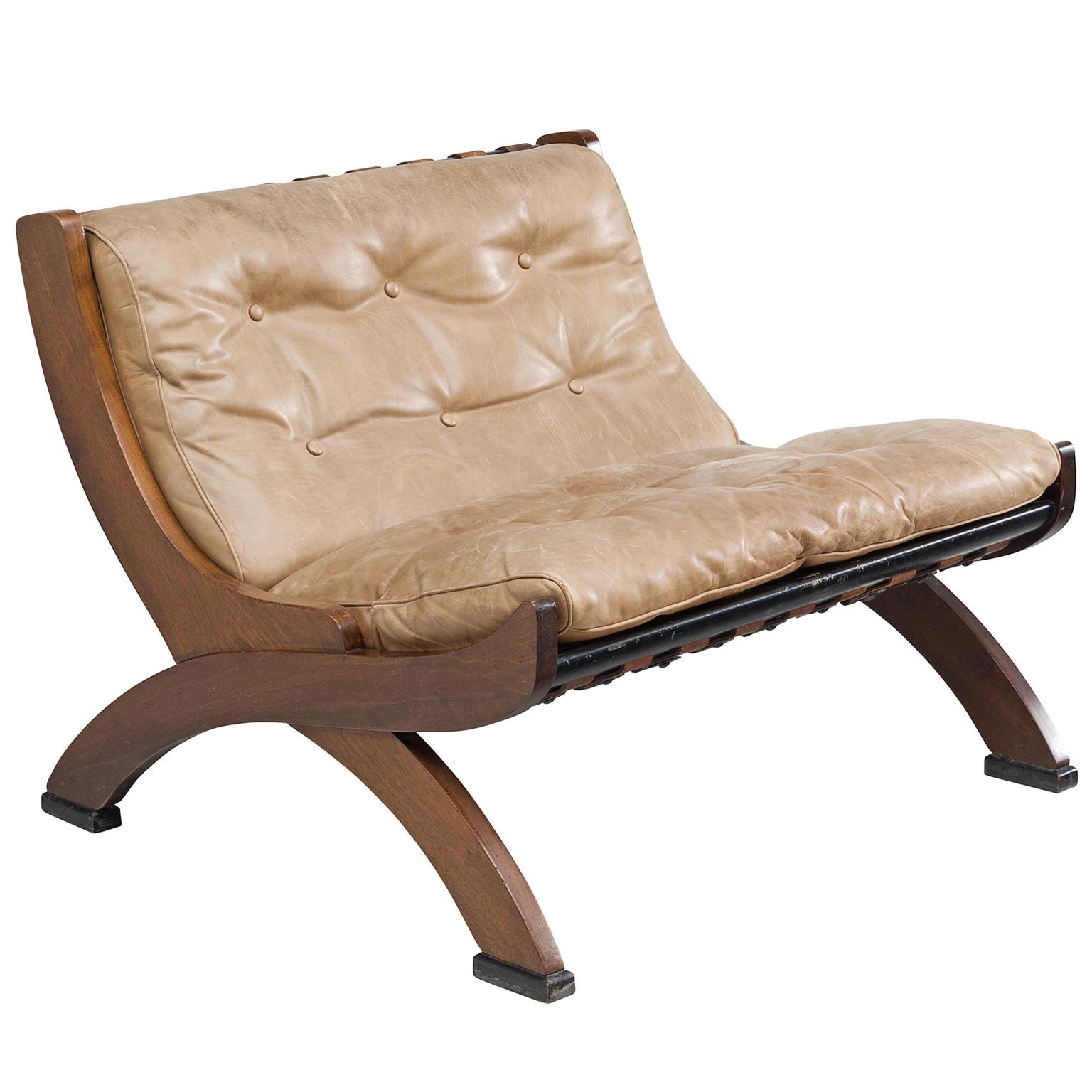 M. Comolli Lounge Chair in Walnut and a Light Brown Leather