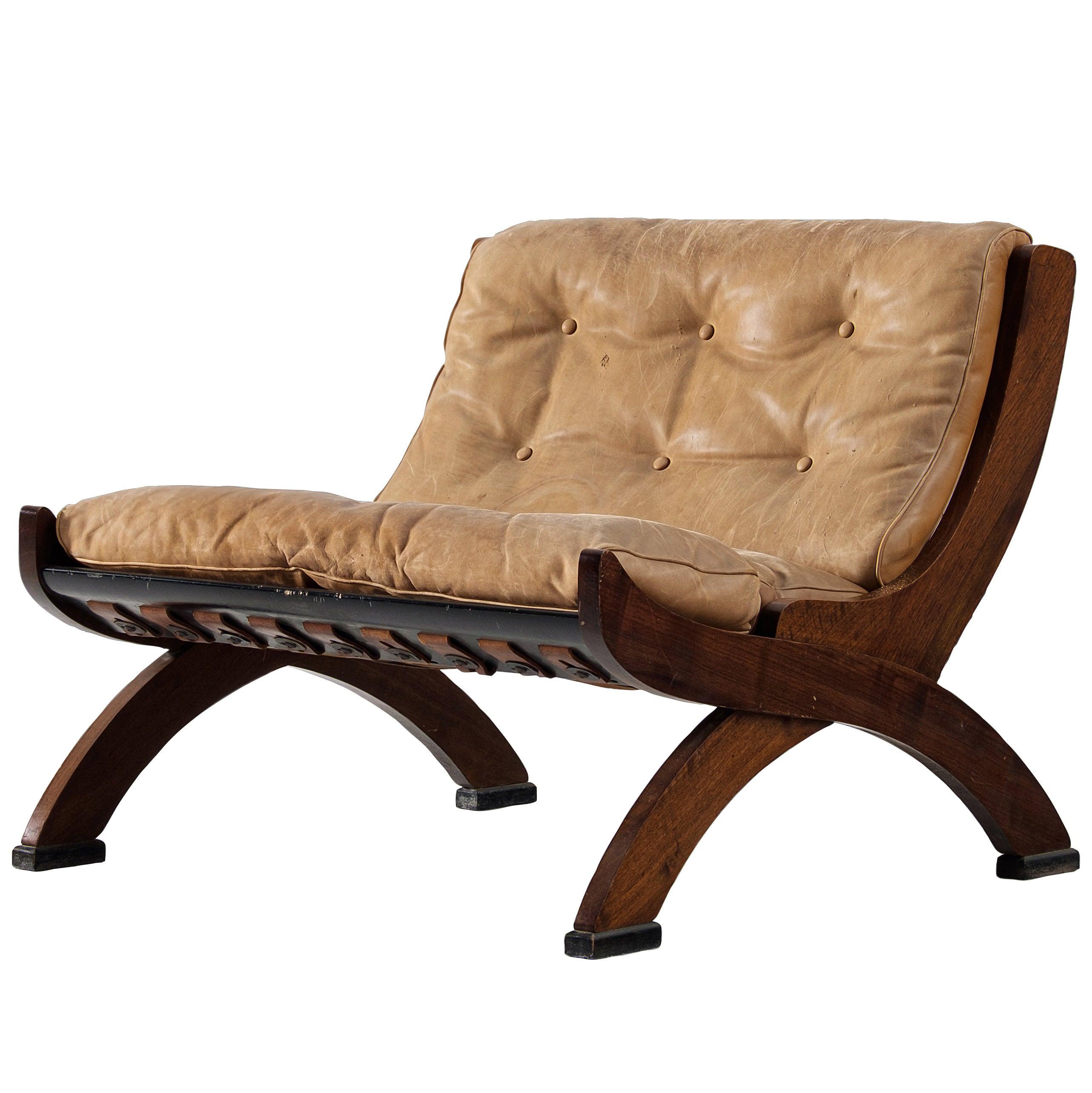 Marco Comolli Lounge Chair in Walnut and Beige Leather 