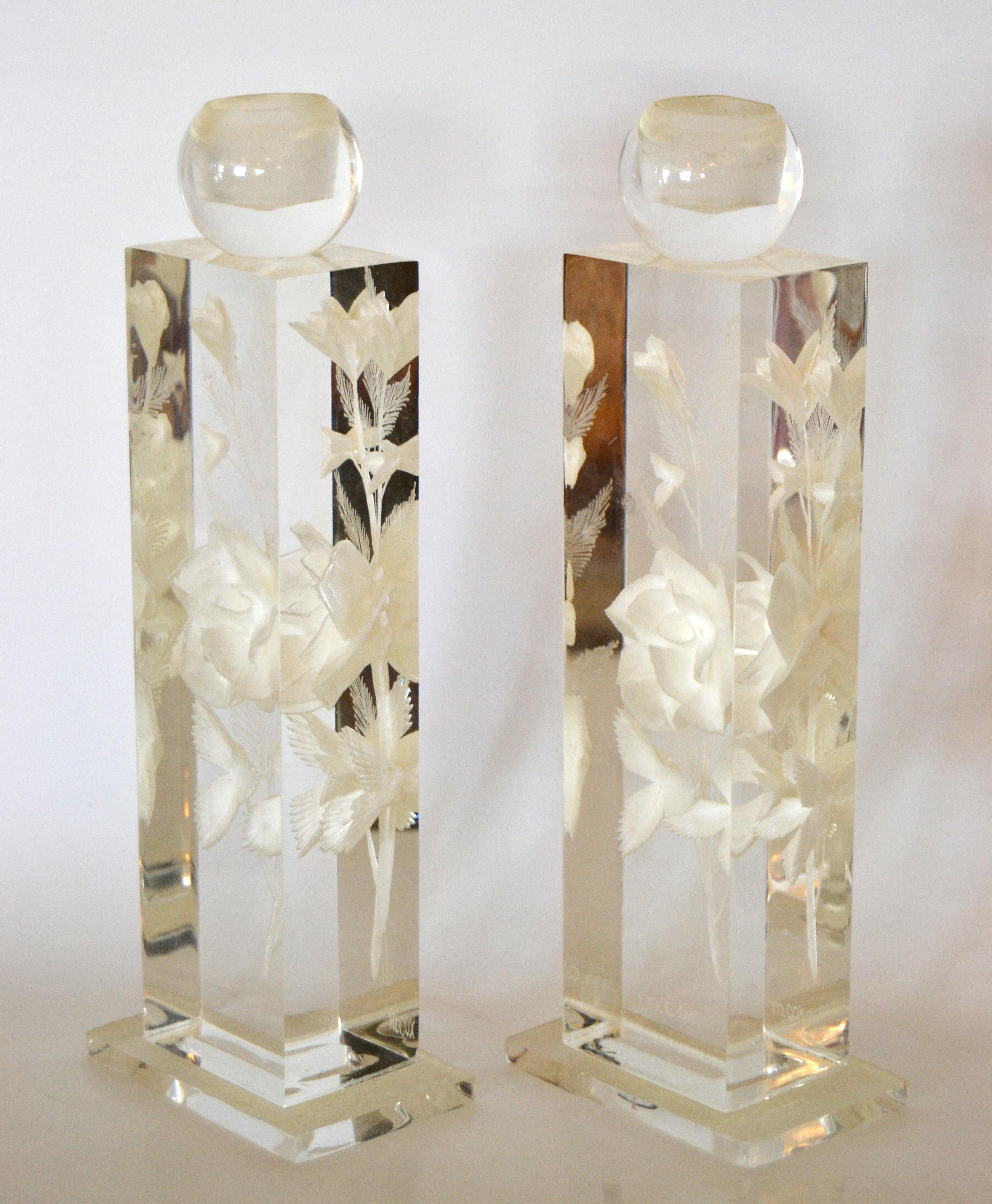 M. Cox Art Deco Clear Acrylic & White Flowers Candleholders, Candlesticks, Pair 5