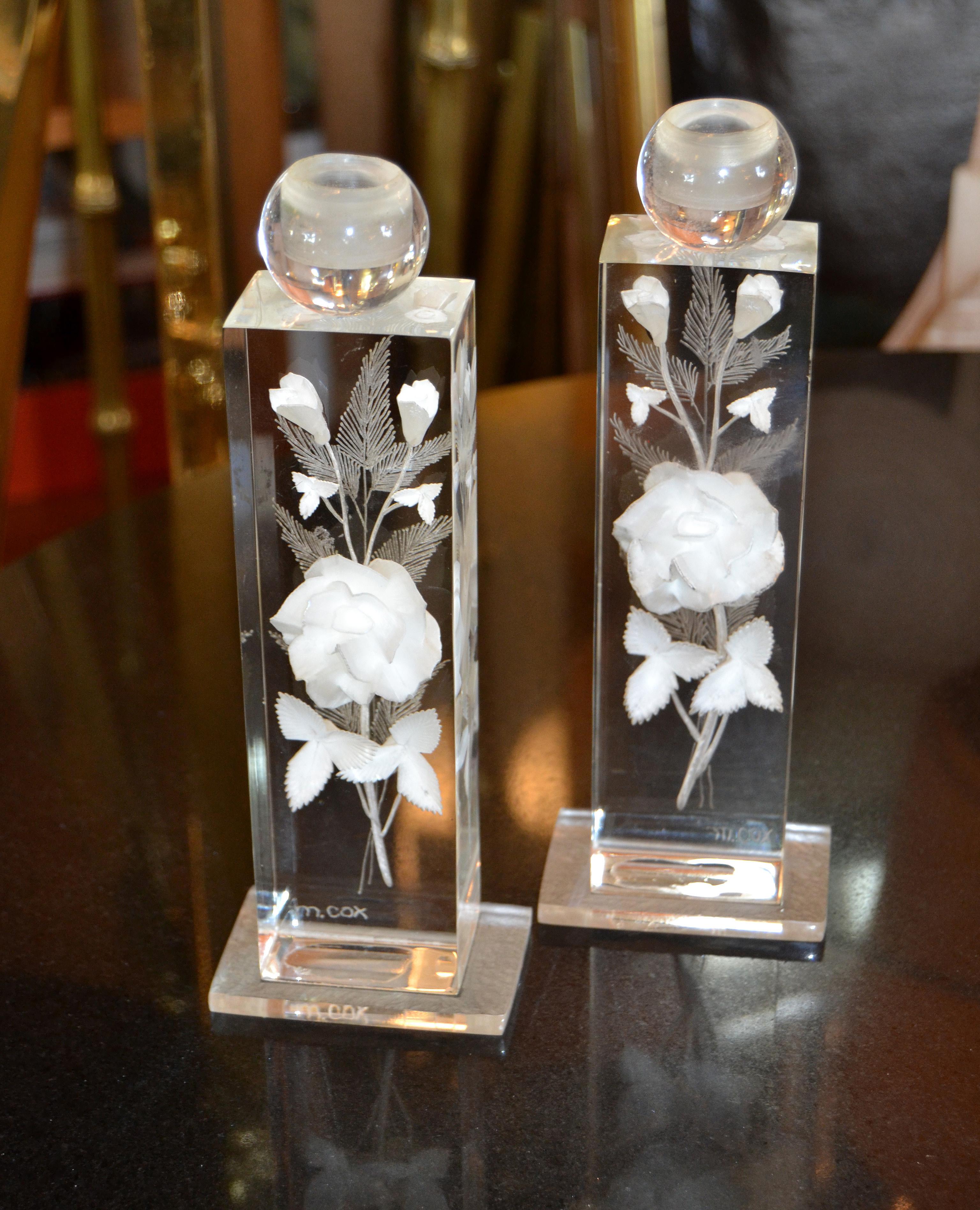 Signed M. Cox Art Deco clear acrylic and white flowers candleholders or candlesticks.
 