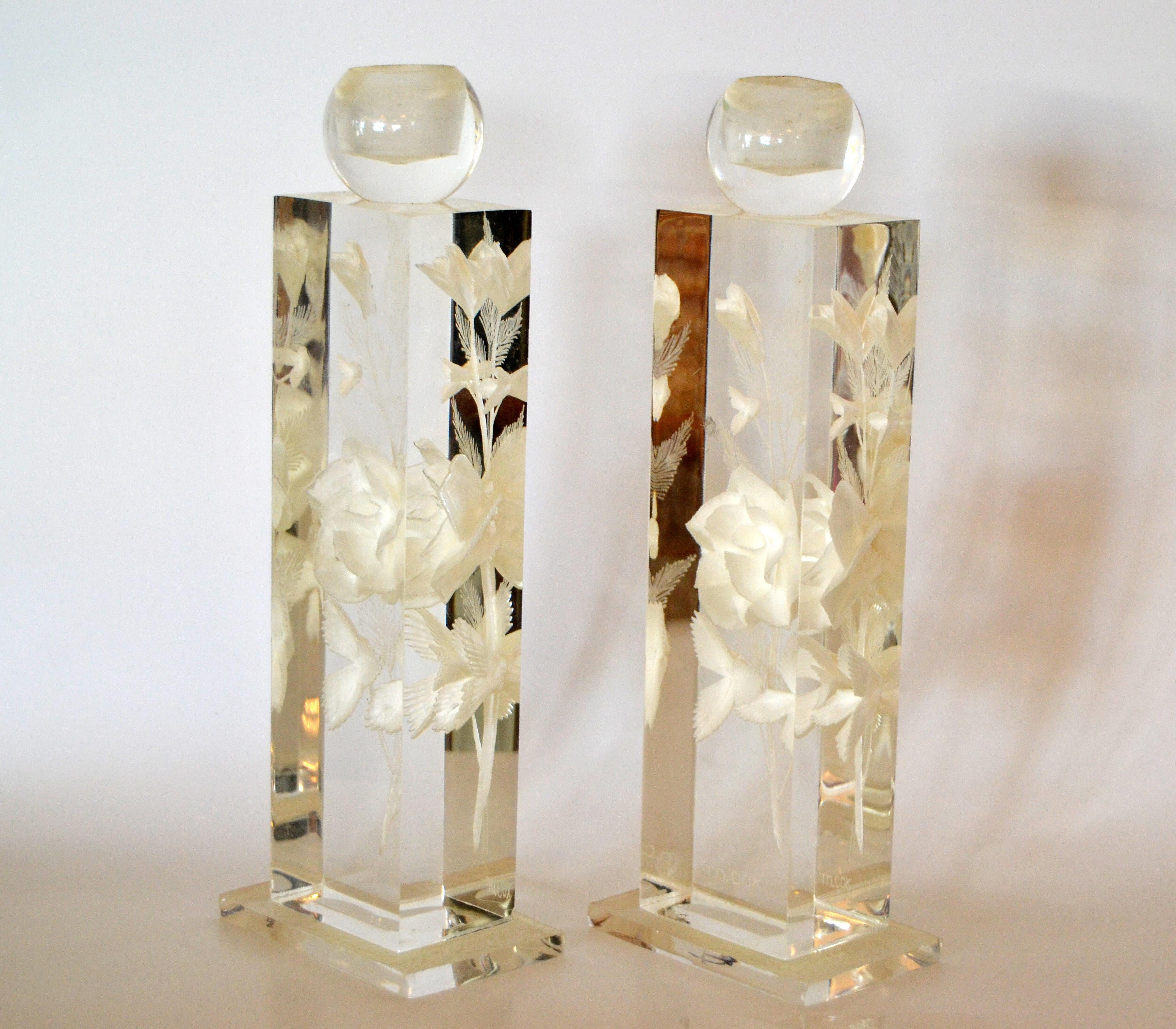 American M. Cox Art Deco Clear Acrylic & White Flowers Candleholders, Candlesticks, Pair