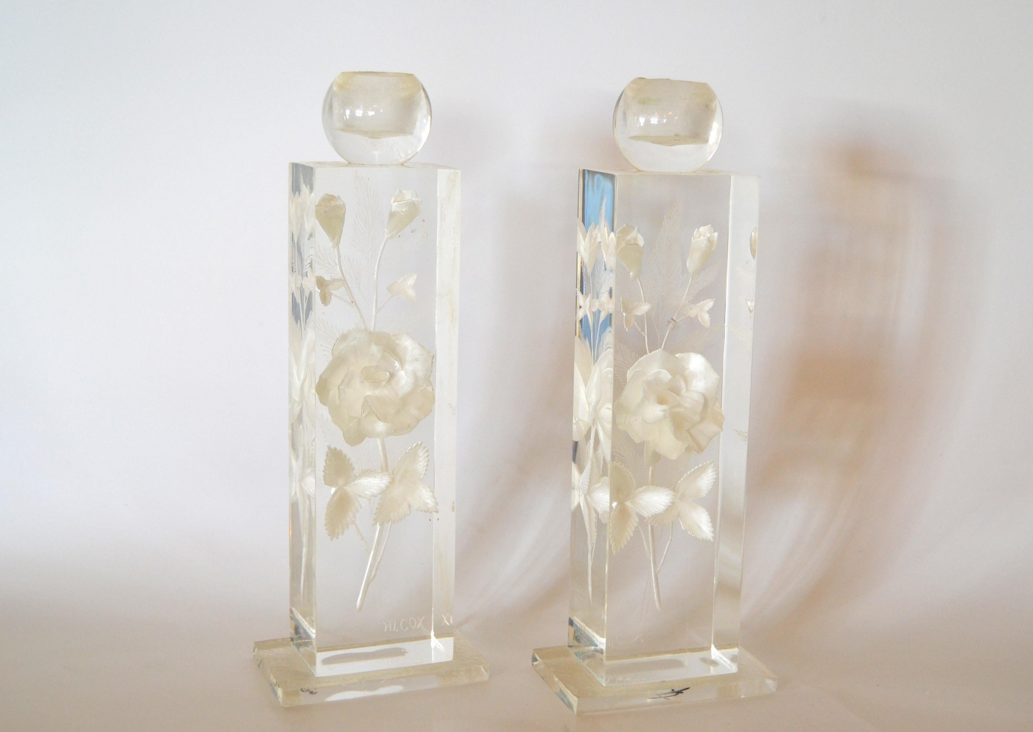 Resin M. Cox Art Deco Clear Acrylic & White Flowers Candleholders, Candlesticks, Pair