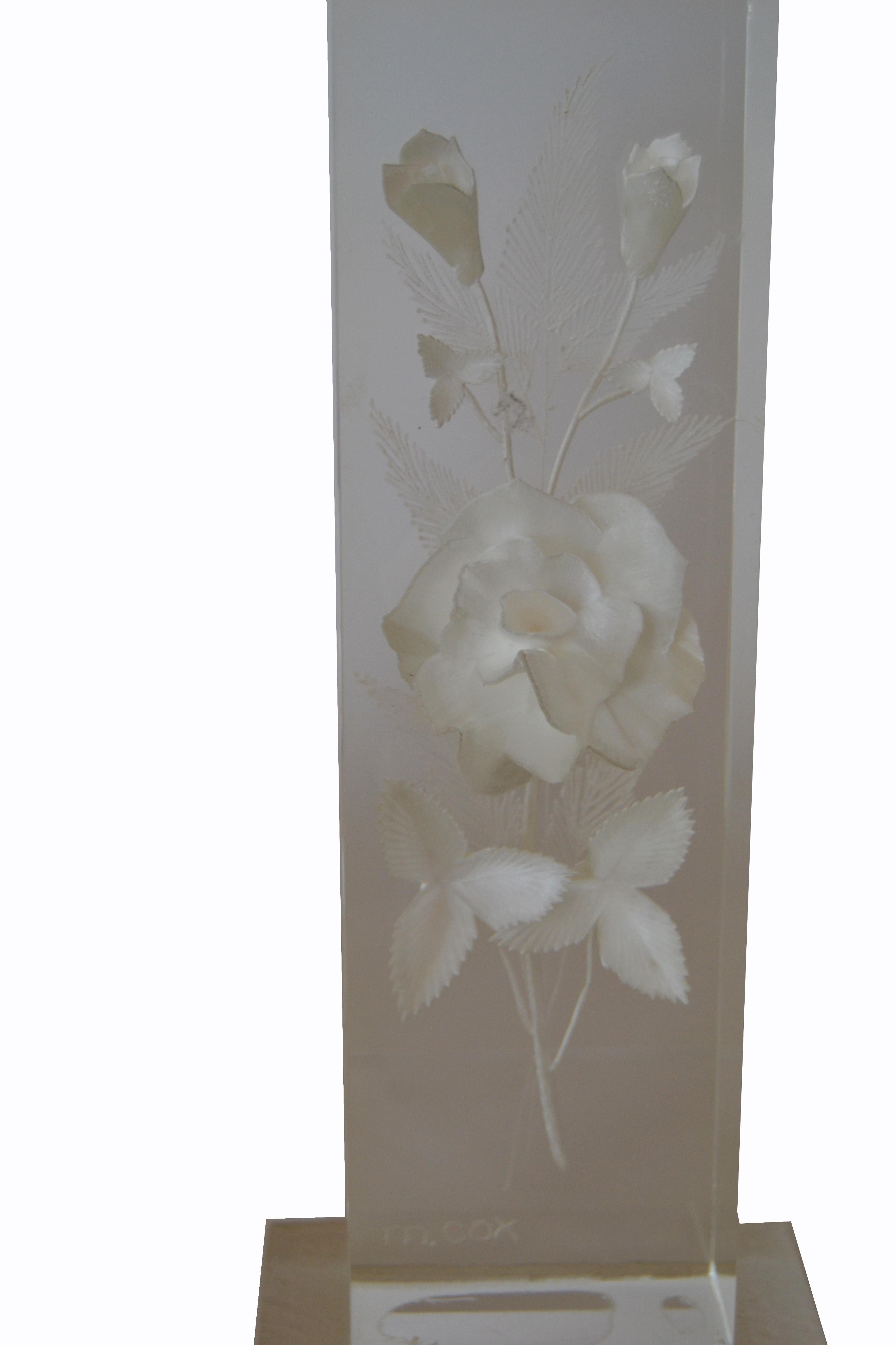 M. Cox Art Deco Clear Acrylic & White Flowers Candleholders, Candlesticks, Pair 2