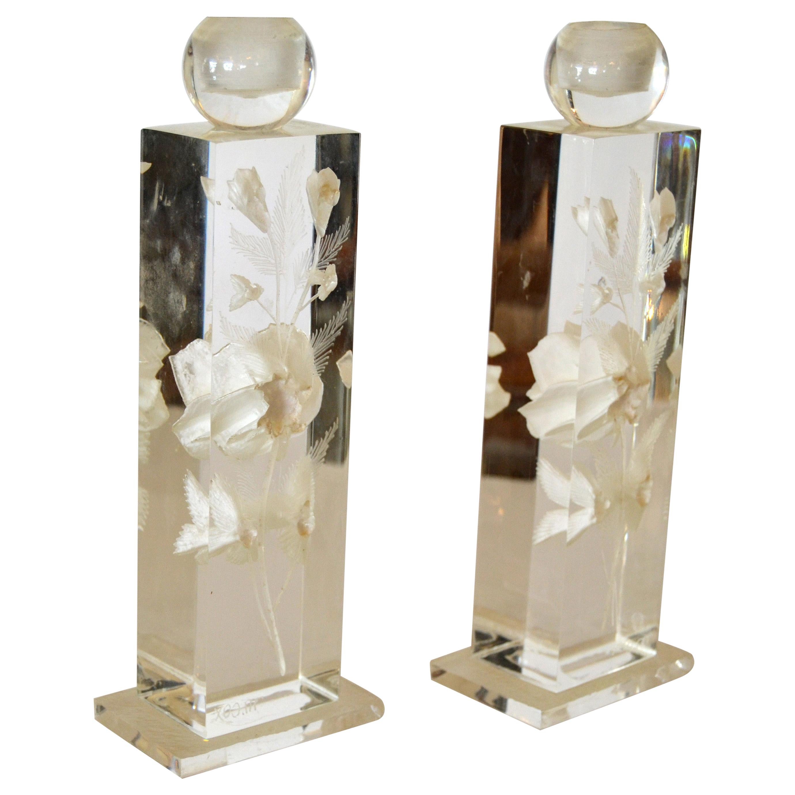 M. Cox Art Deco Clear Acrylic & White Flowers Candleholders, Candlesticks, Pair
