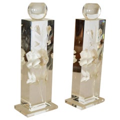 M. Cox Art Deco Clear Acrylic & White Flowers Candleholders, Candlesticks, Pair
