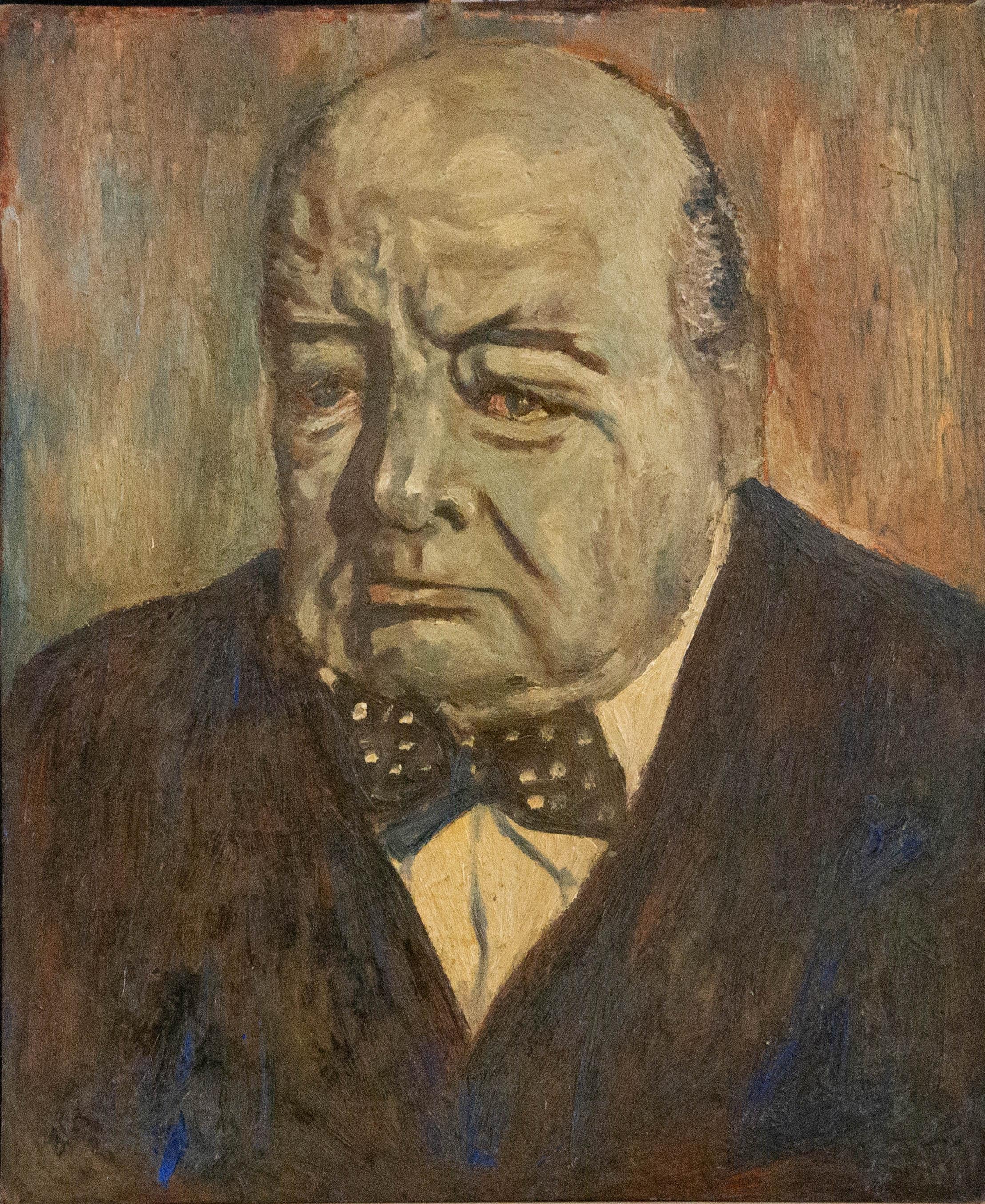 A striking and eye catching portrait of the celebrated English prime minister, Winston Churchill. The artist has used a textured and blocky technique to give great character to the already characterful face. The artist has scratched their initials