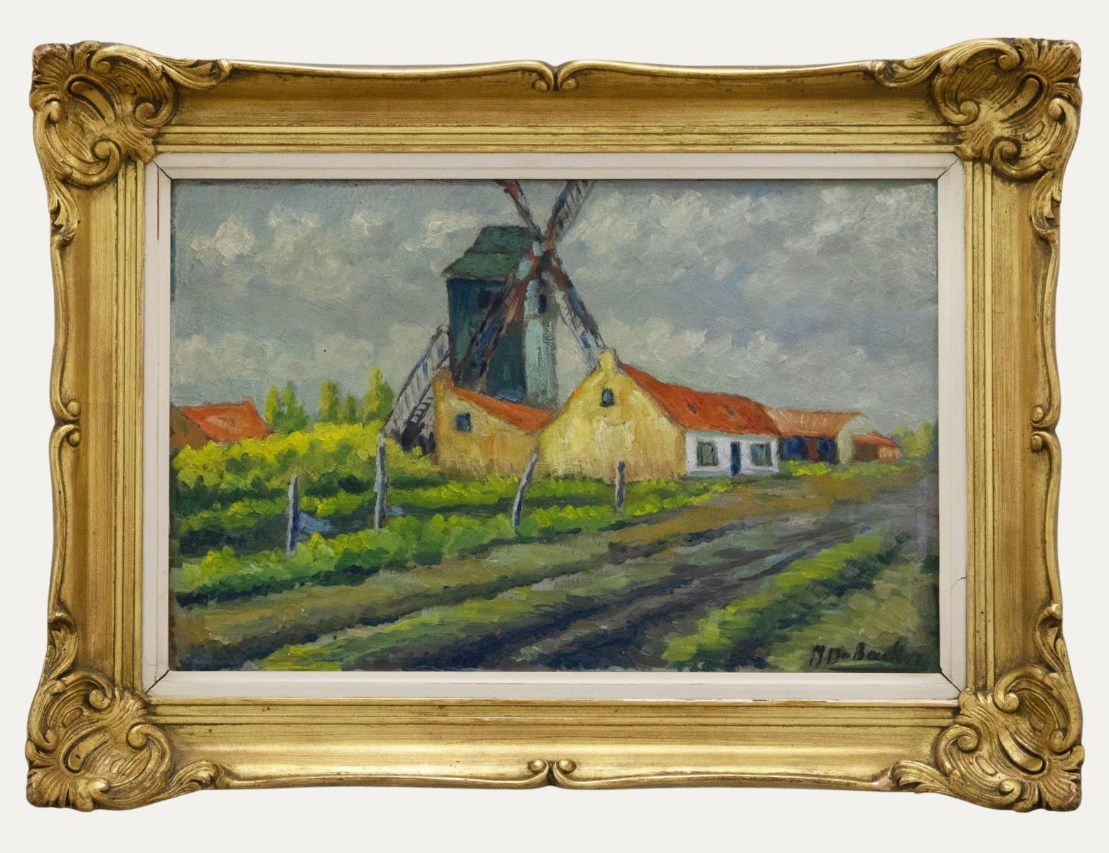 A colourful depiction of a small Dutch farmstead with a windmill and outbuildings. The artist captures the scene in an impressionist style with gestural brushwork and an expressive palette. Presented in a substantial swept gilt frame. On board.
