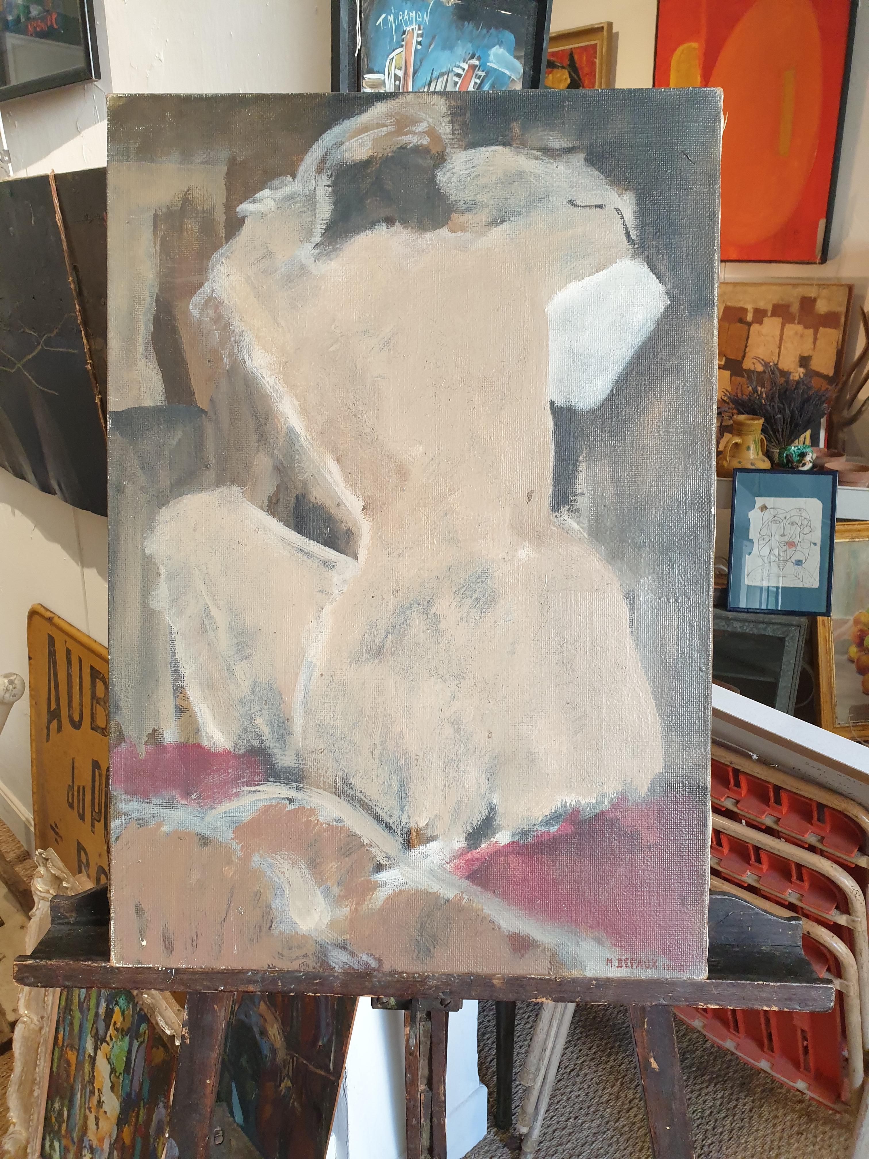 Mid-Century Post Impressionist Female Nude. - Beige Nude Painting by M Defaux