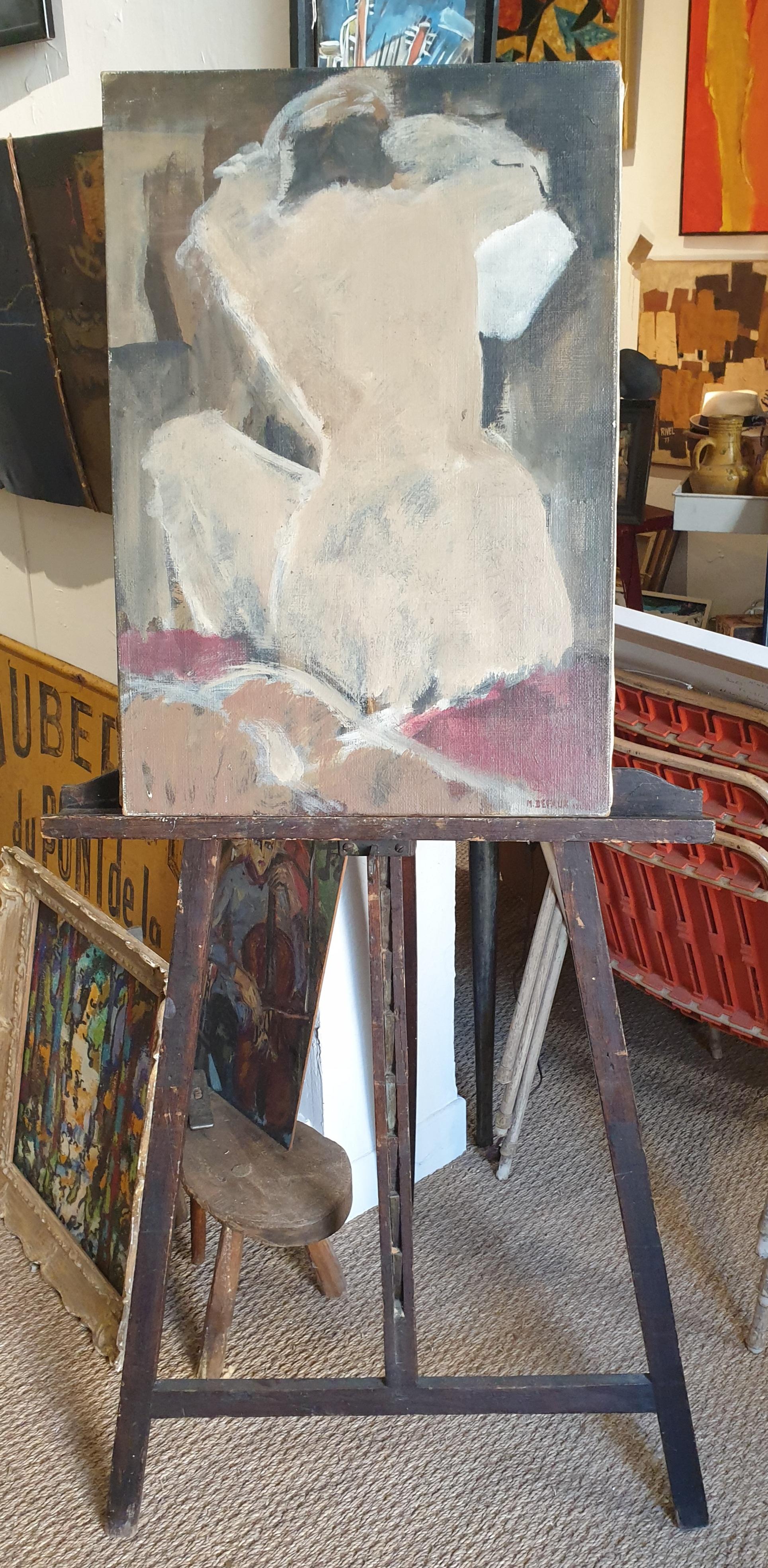 Mid-century oil on canvas of a female nude by French artist M Defaux, signed and dated 1962 to the bottom right and also signed and dated to the reverse. The stretcher carries an artist supply stamp for Sennelier.

A beautifully rendered painting in