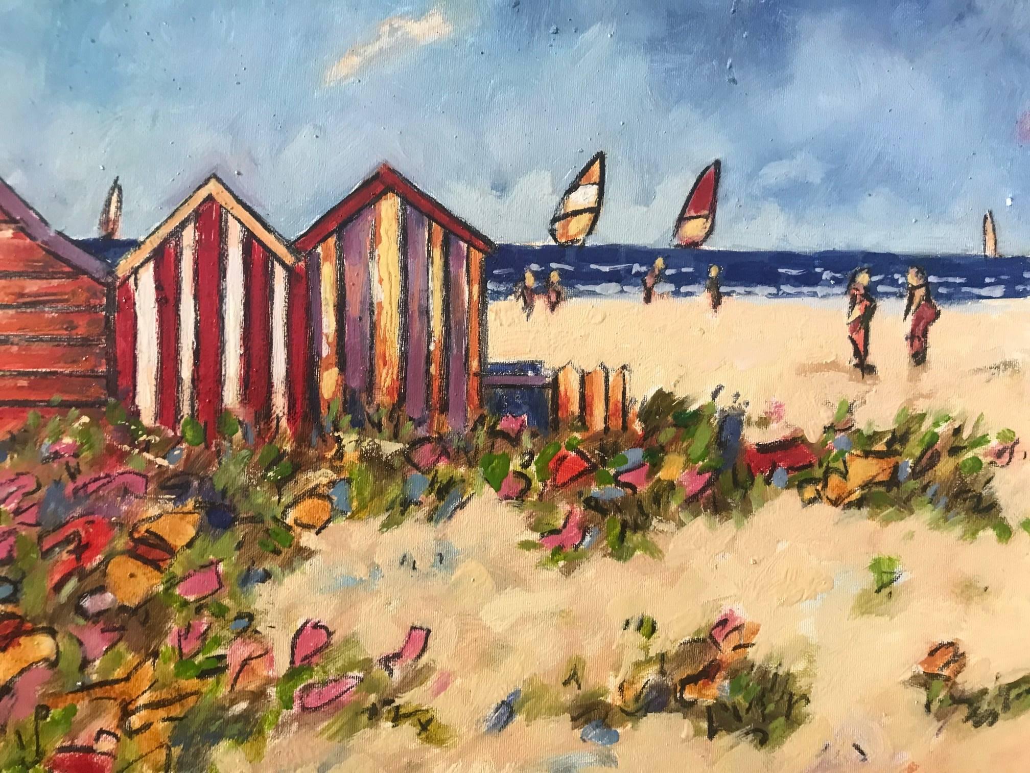 COME ON TO THE BEACH. BEACH HUTS, SEASCAPE - Painting by M. Del Burgo