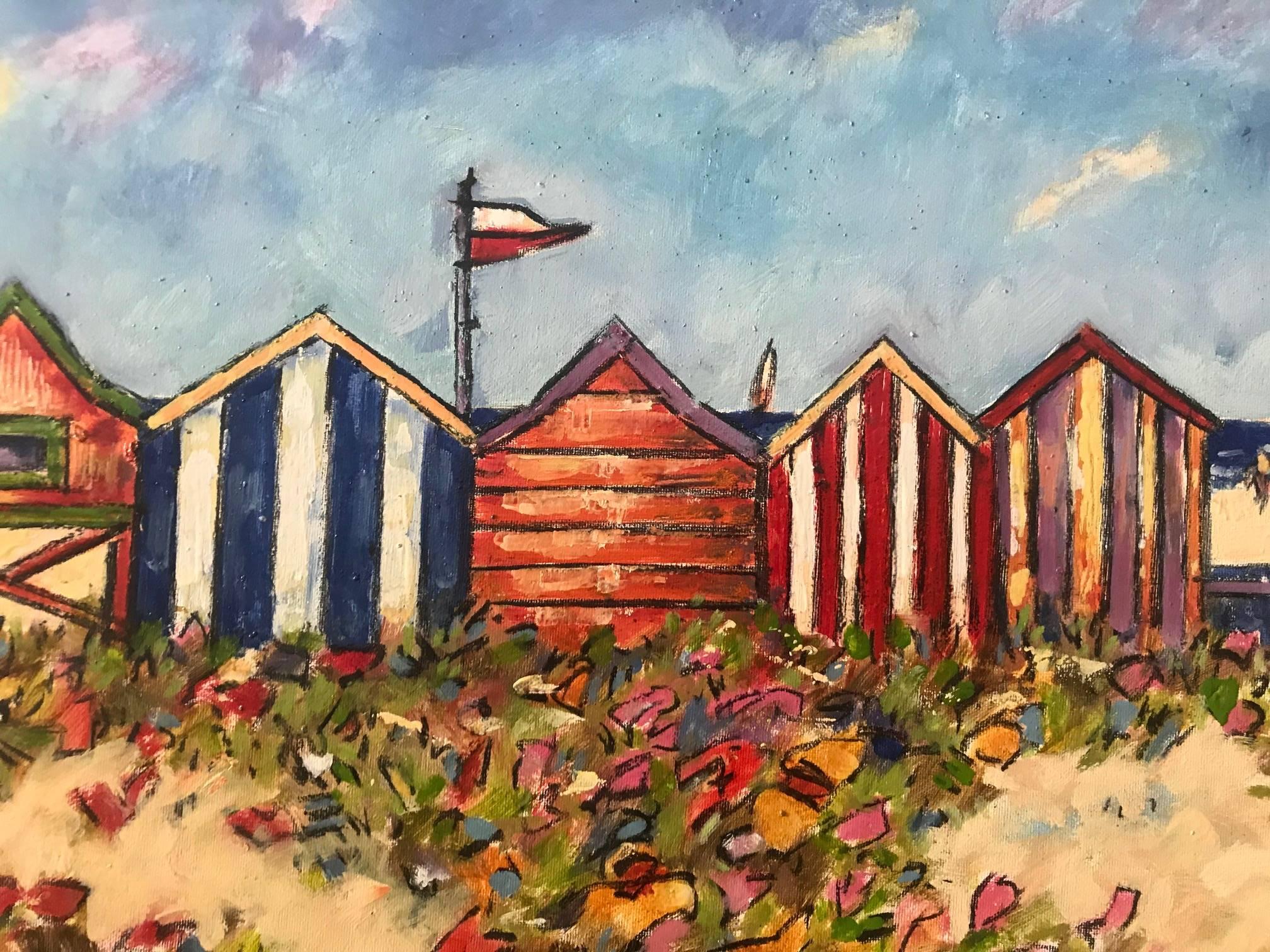 COME ON TO THE BEACH. BEACH HUTS, SEASCAPE - Impressionist Painting by M. Del Burgo