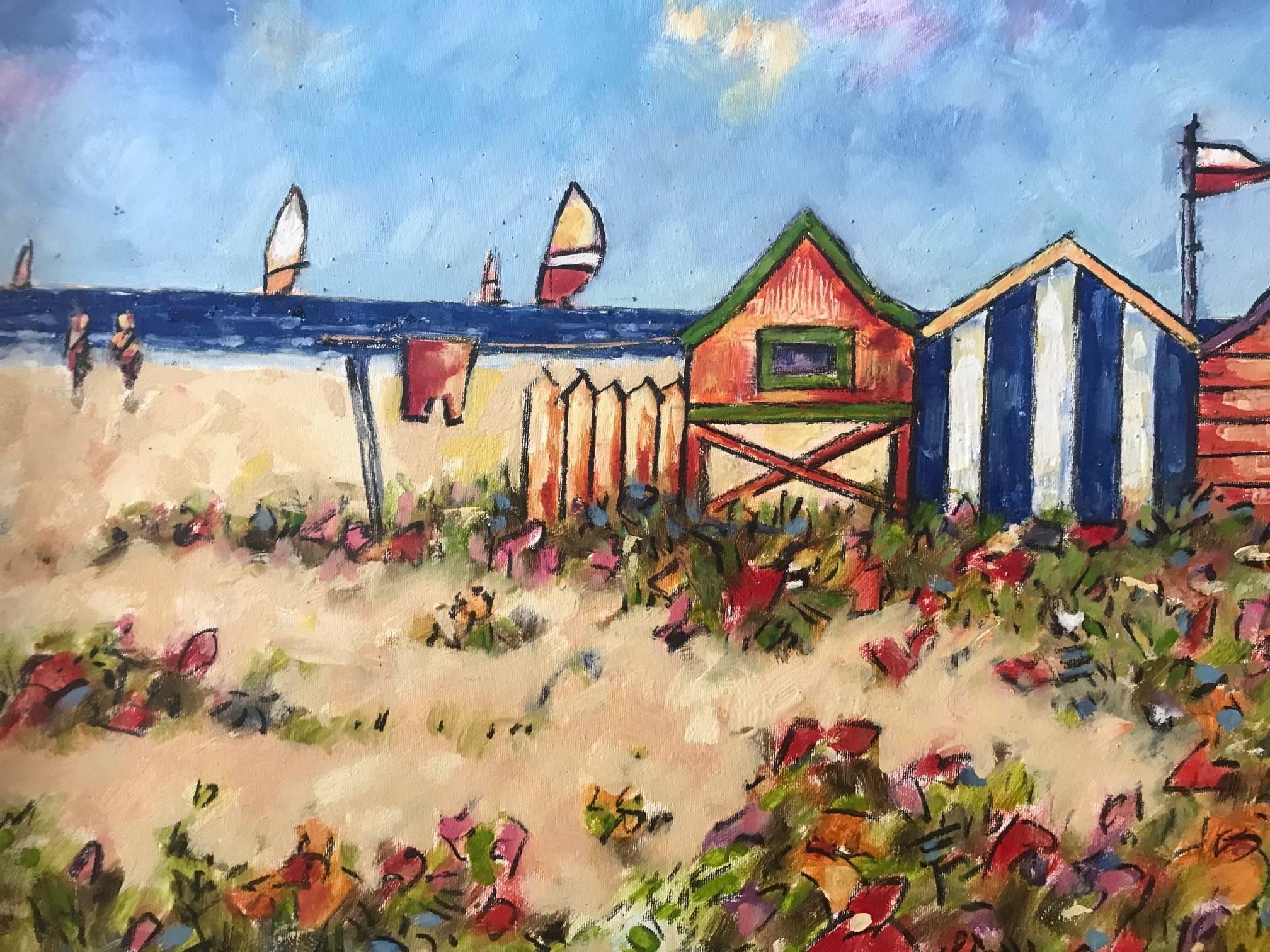 COME ON TO THE BEACH. BEACH HUTS, SEASCAPE - Brown Interior Painting by M. Del Burgo