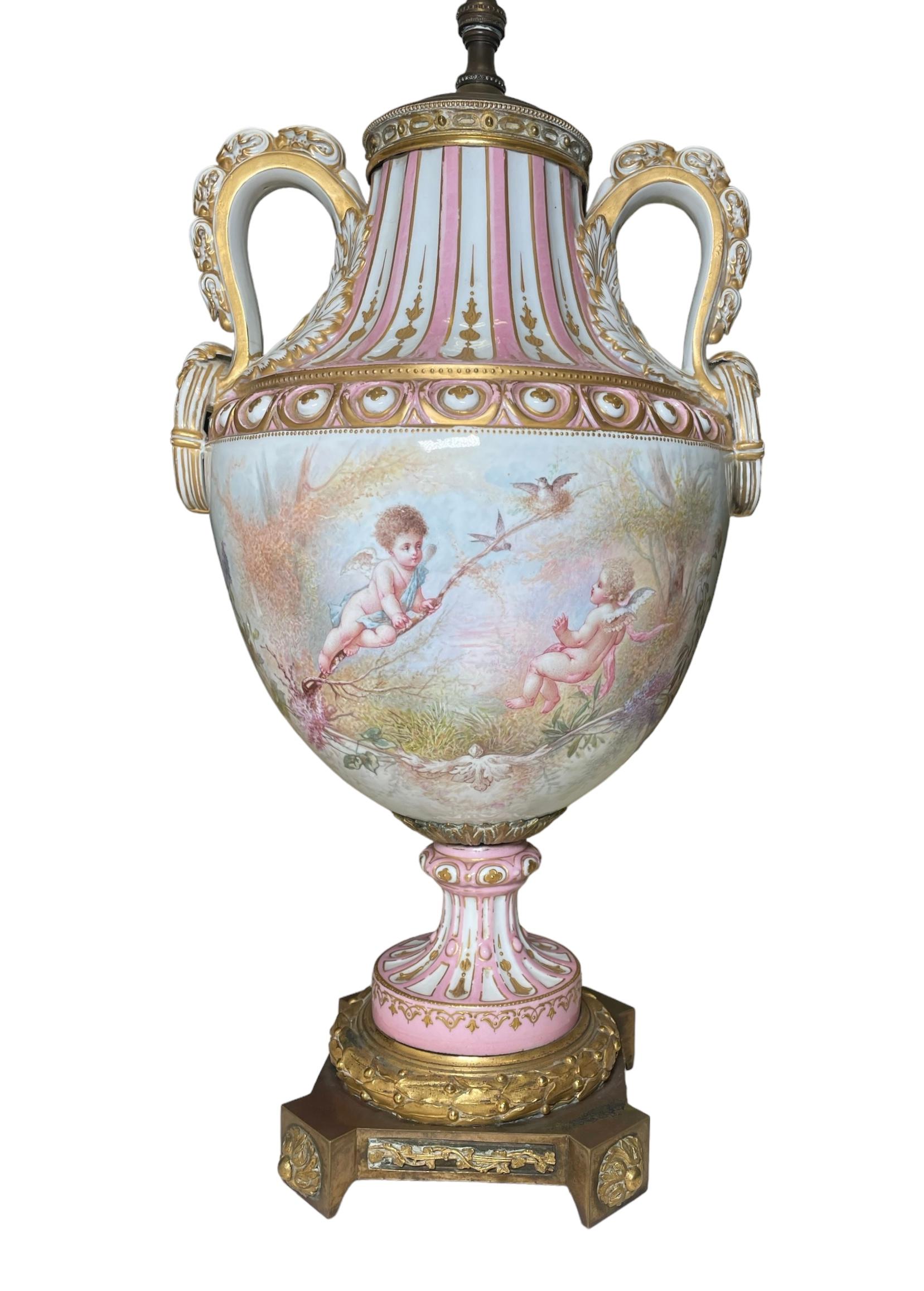 Hand-Painted M. Demonceaux Sevres Style Porcelain Bronze Mounted Urn Table Lamp For Sale