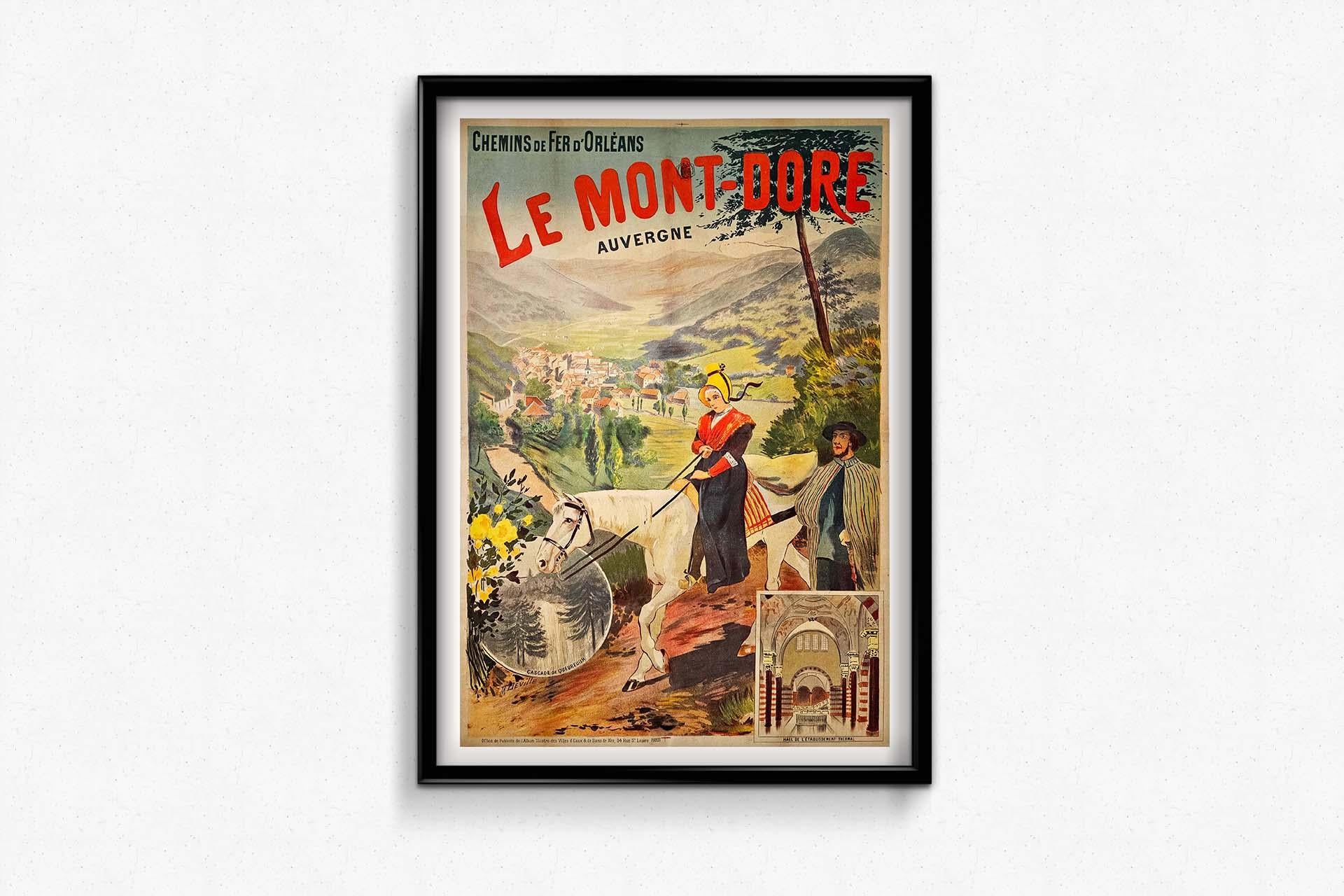 Deville's original poster for Chemins de fer d'Orléans, showcasing Le Mont-Dore in Auvergne with the captivating Cascade de Queureuilh and the grandeur of the thermal establishment, unfolds as a visual symphony, transcending the boundaries of mere