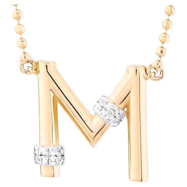 M Diamond Letter Pendant Necklace, 14K Yellow Gold, Beaded Ball Chain ...