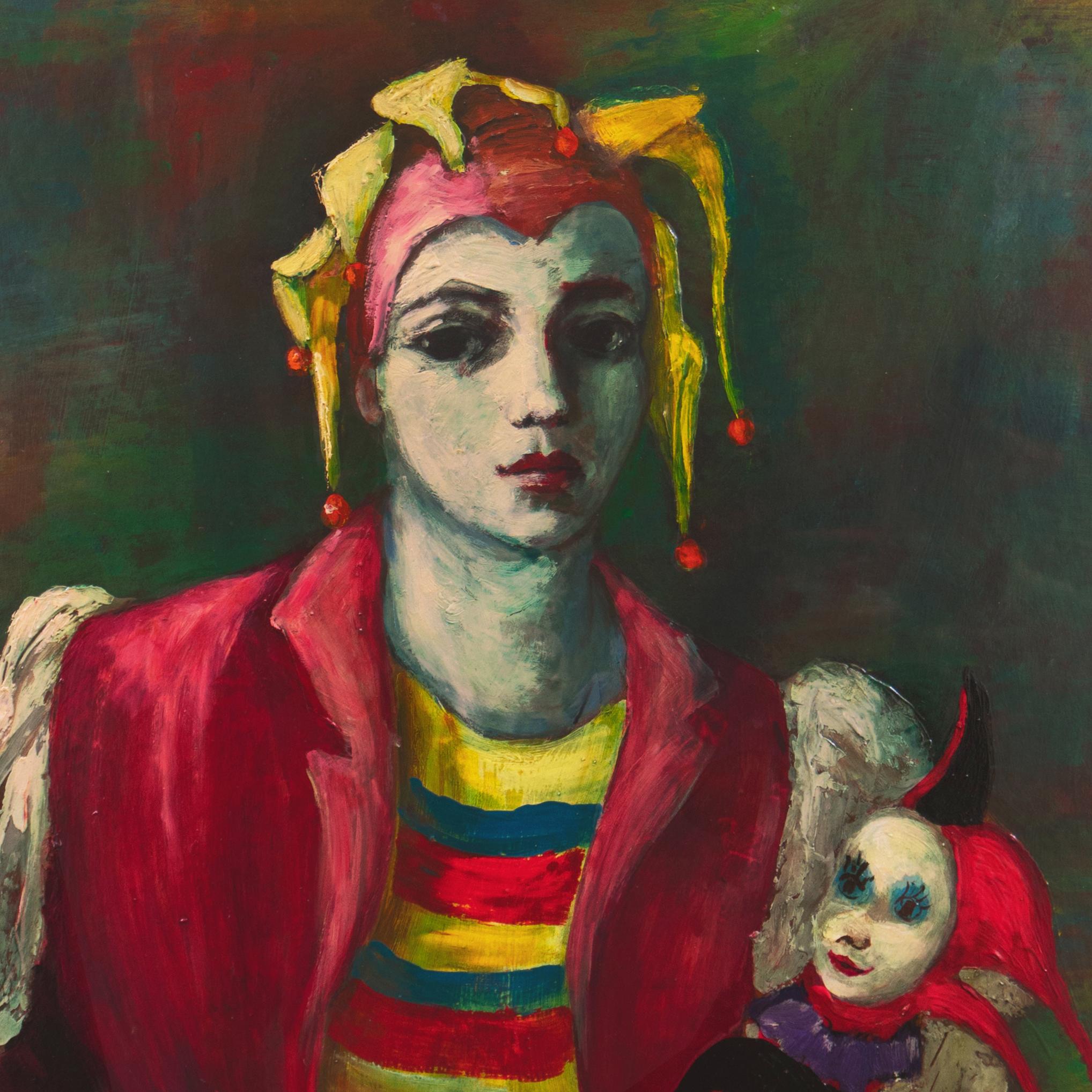 Signed lower right, 'M. Dietrich' (German-American, 20th century) and dated 1963.

A powerful, character-driven portrait of the young man, shown gazing directly towards the viewer. wearing white-face makeup and traditional costume and occupying a