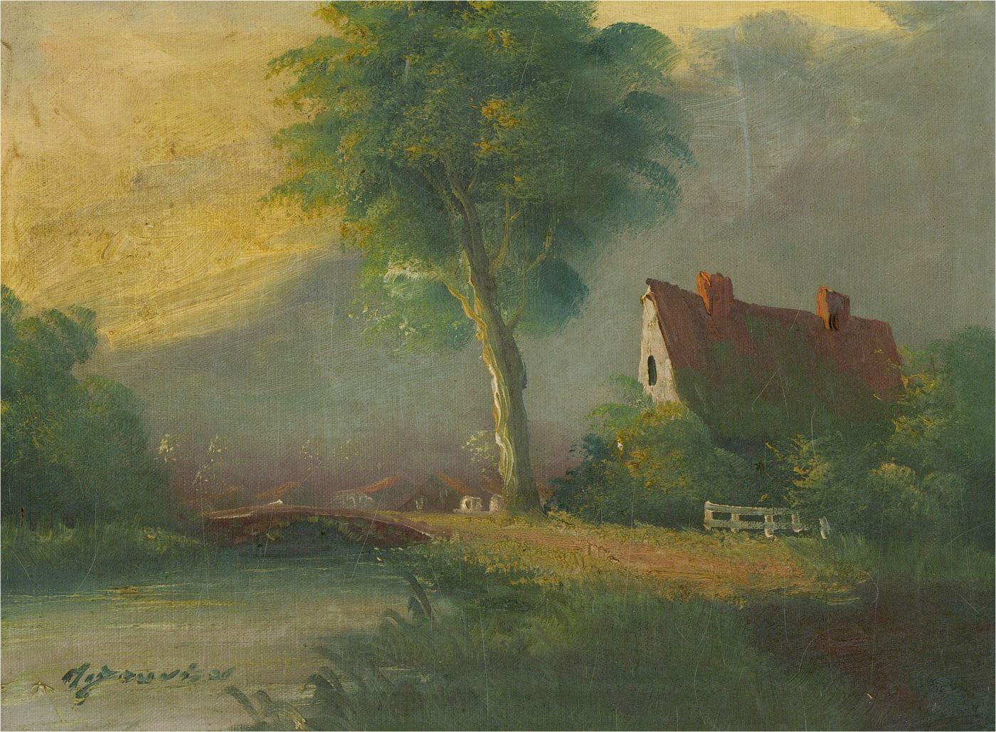 M. Douven - Signed & Framed Mid 20th Century Oil, Riverside Cottage For Sale 2