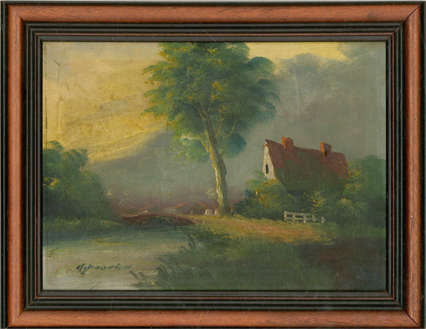 Subtle impastos depict a riverside cottage ina glowing, atmospheric manner. The artwork is signed and is well presented in a substantial wood frame. On canvas on stretchers.