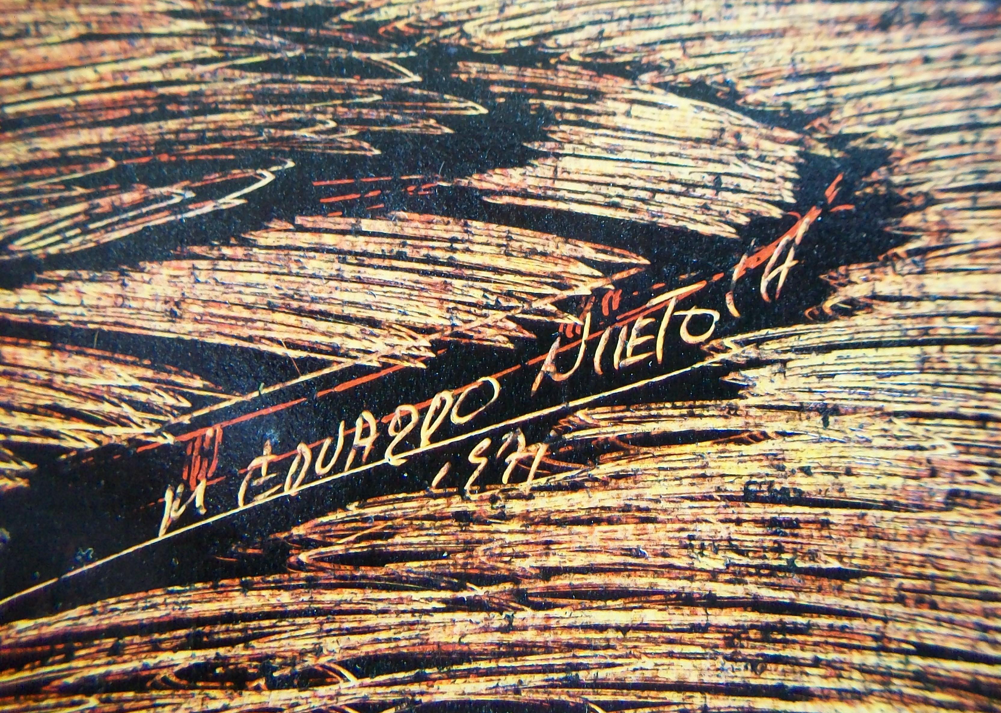 Hand-Painted M. EDUARDO NIETO - 'Parque Cuervo' - Framed Scraped Drawing - Columbia - C.1971 For Sale