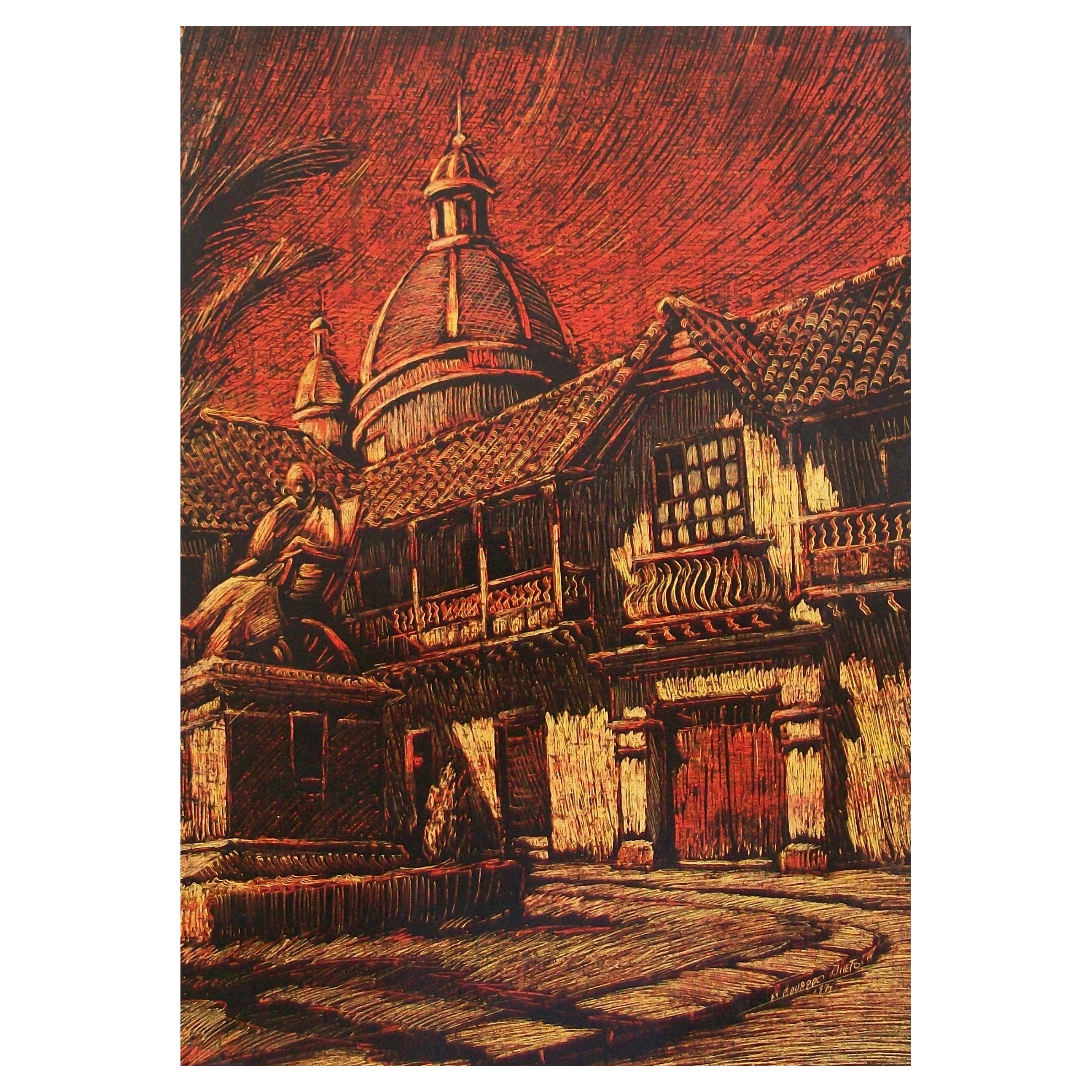 M. EDUARDO NIETO - 'Parque Cuervo' - Framed Scraped Drawing - Columbia - C.1971 For Sale