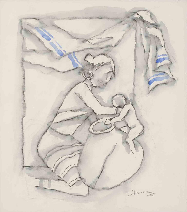 M F Husain Mother Child Watercolor Drawing Blue Black White