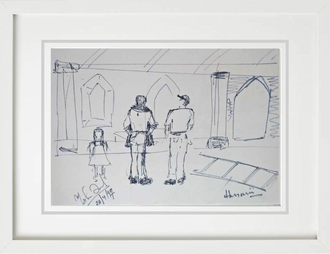 Sets, Ink on Paper, Black & White by Indian Artist MF Husain “In Stock” - Painting by M.F. Husain
