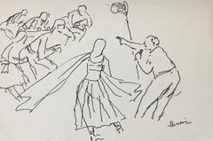 Illustration of A Film Set , Ink on Paper, by Indian Artist MF Husain “In Stock”