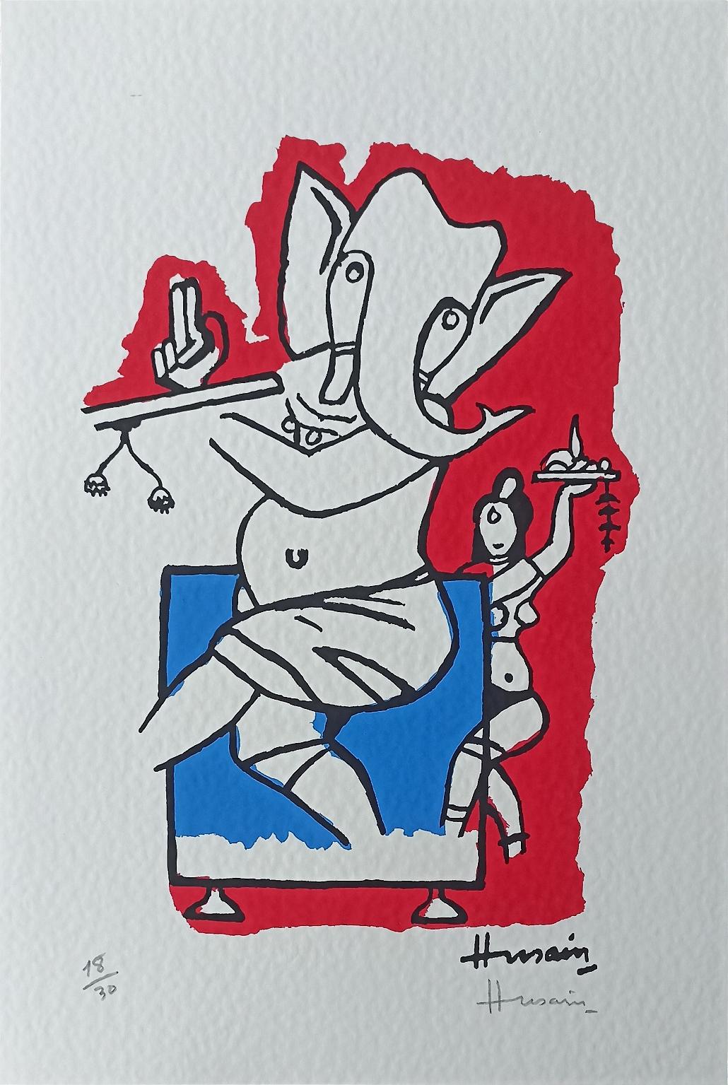 Untitled, Serigraph on Paper, Red, Black, Blue, Modern Artist M.F Husain For Sale 4