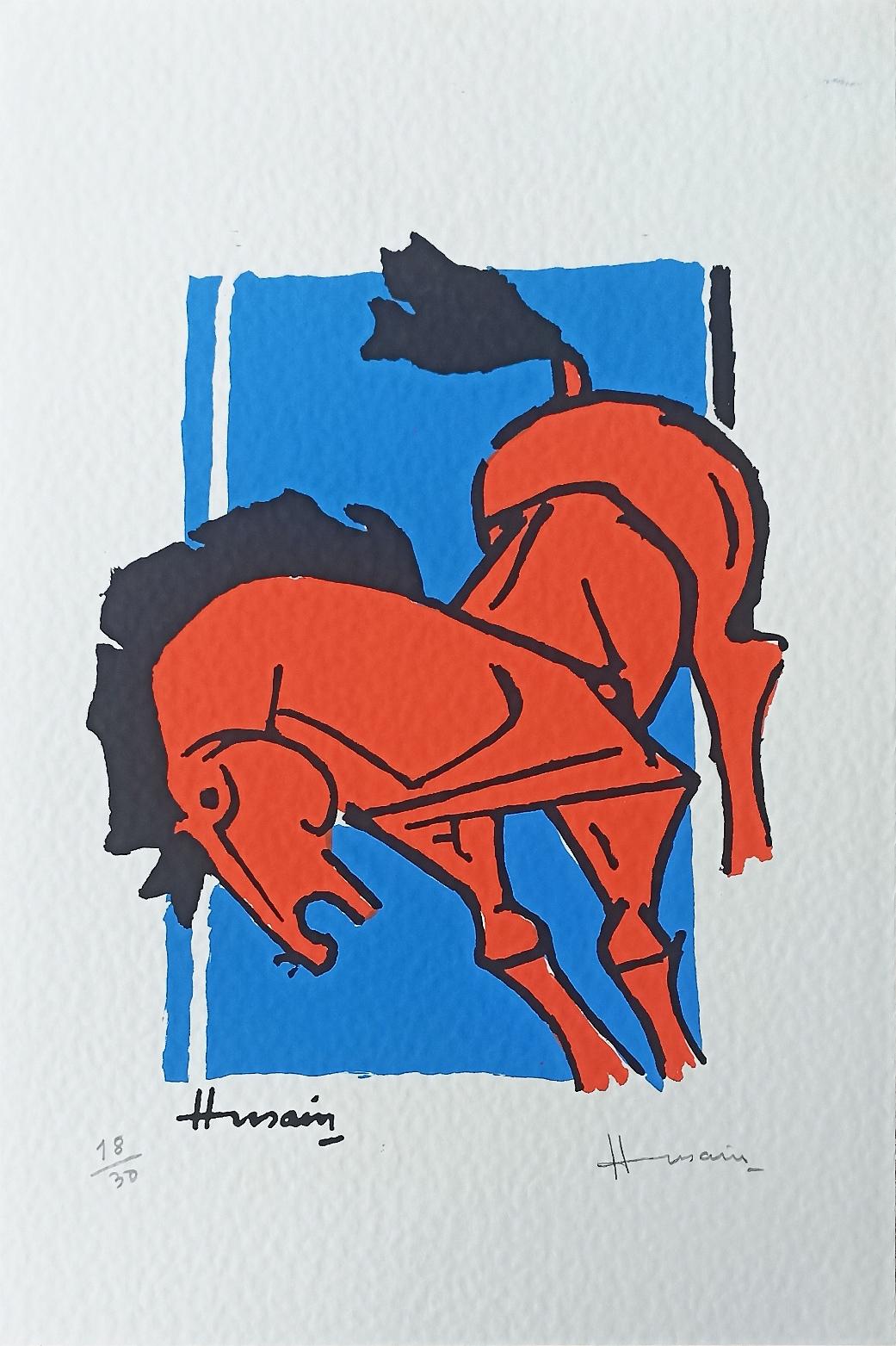 Untitled, Serigraph on Paper, Red, Black, Blue, Modern Artist M.F Husain For Sale 5