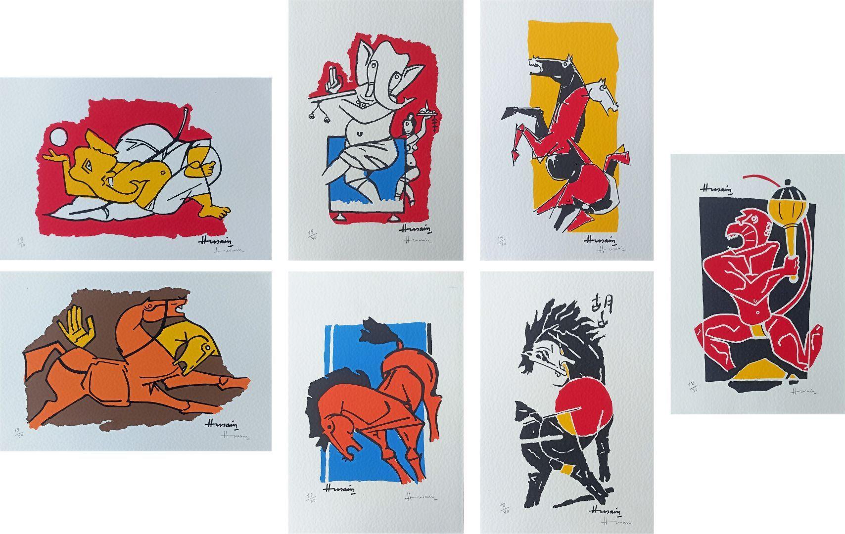 M.F. Husain Figurative Painting – Ohne Titel, Serigrafie auf Papier, Rot, Schwarz, Blau, Moderner Künstler M.F Husain