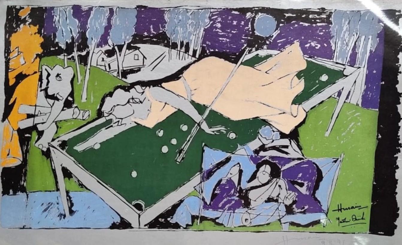 M F Husain Woman On Billiard Board Serigraph Paper Green