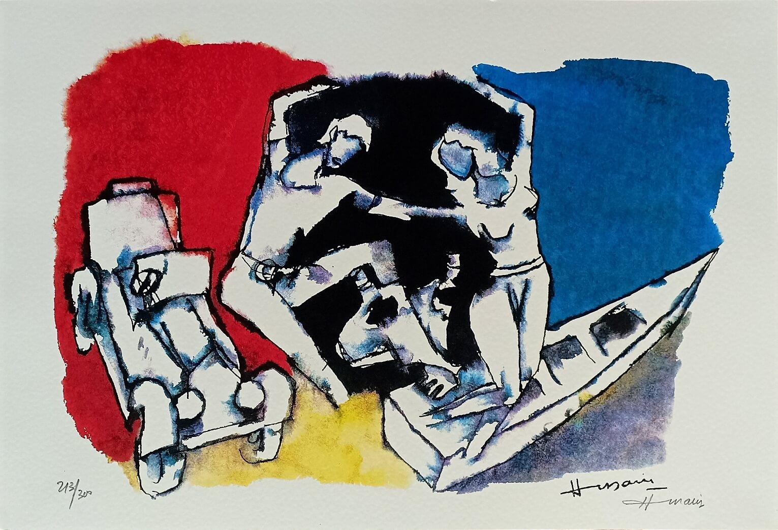 Gaja Gamini-Serie, Serigrafie auf Papier, Rot, Blau von dem modernen Künstler M.F Husain