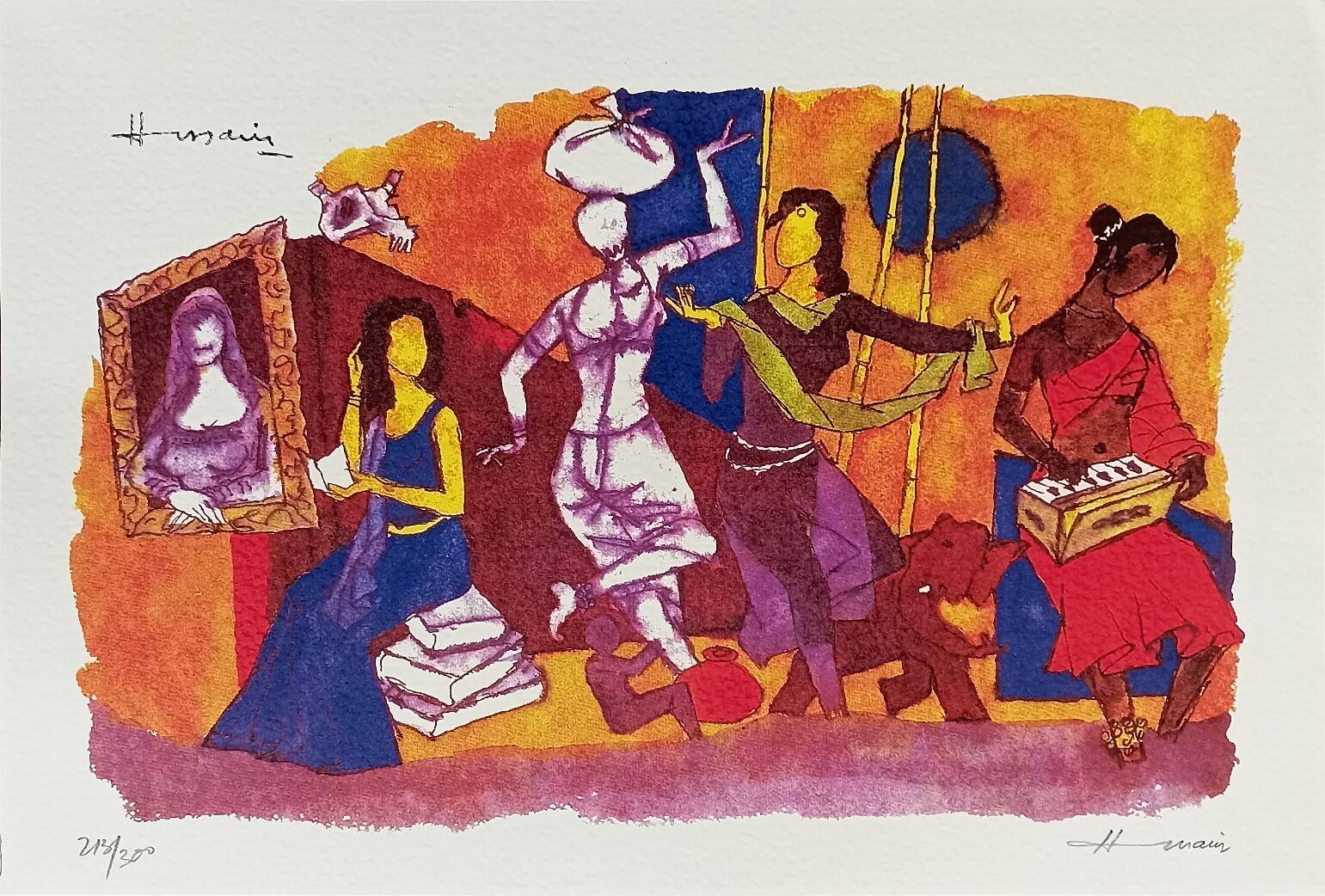 M.F. Husain Portrait Print - Gaja Gamini Series, Serigraph on Paper, Red, Blue by Modern Artist M.F Husain