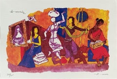 Serie Gaja Gamini, Serigrafia su carta, Rosso, Blu dell'artista moderno M.F. Husain