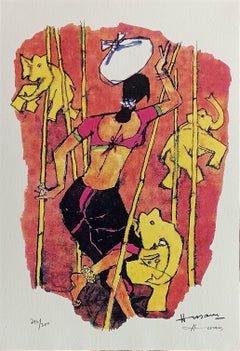 Gaja Gamini-Serie, Serigraphie auf Papier, Rot, Orange, des modernen Künstlers M.F Husain