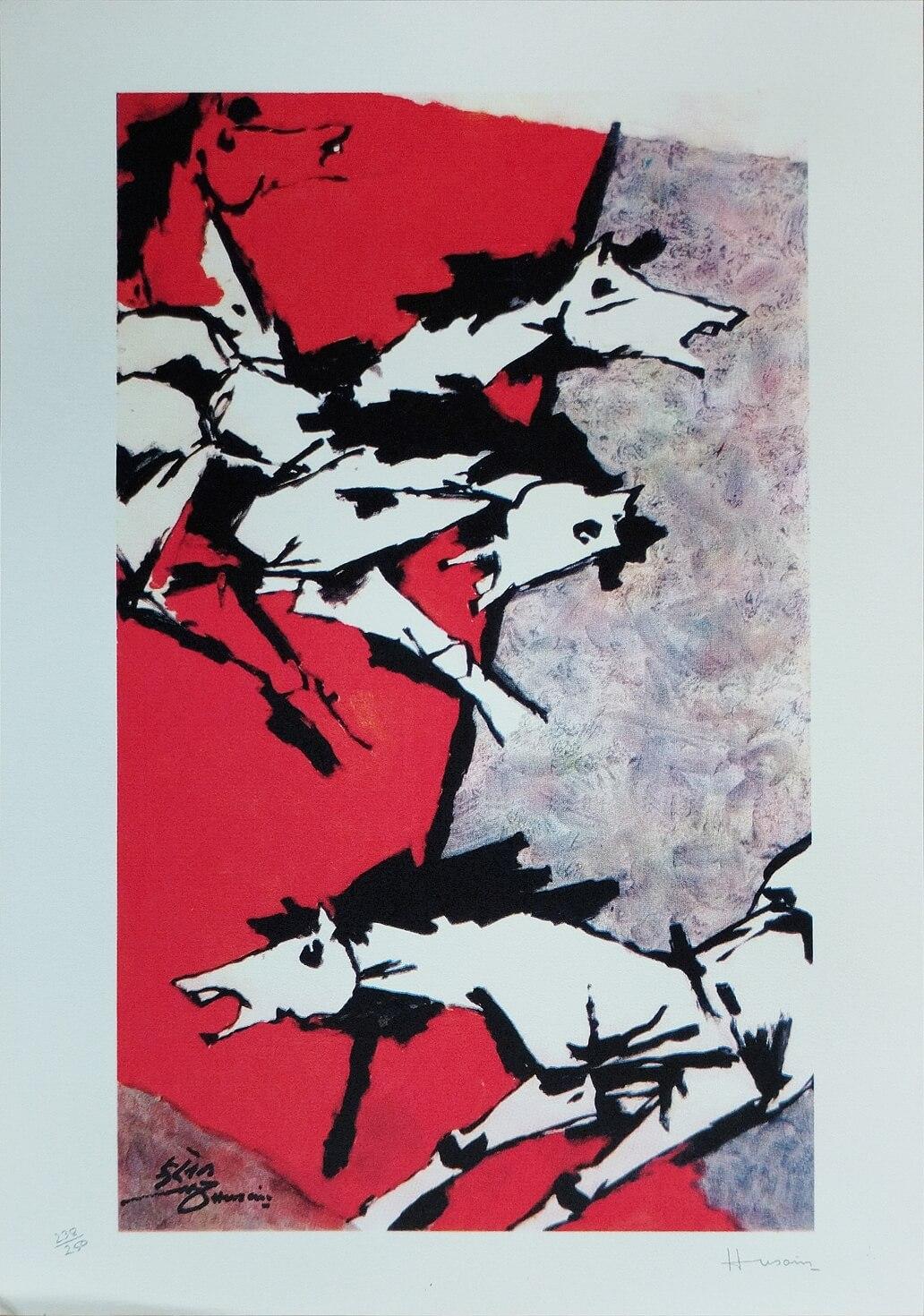 Série de chevaux, sérigraphie sur papier, noir, rouge, blanc de l'artiste moderne M.F. Husain