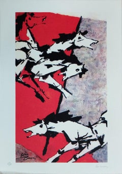 Horse Series, Serigraph on Paper, Black, Red, White by Modern Artist M.F. Husain