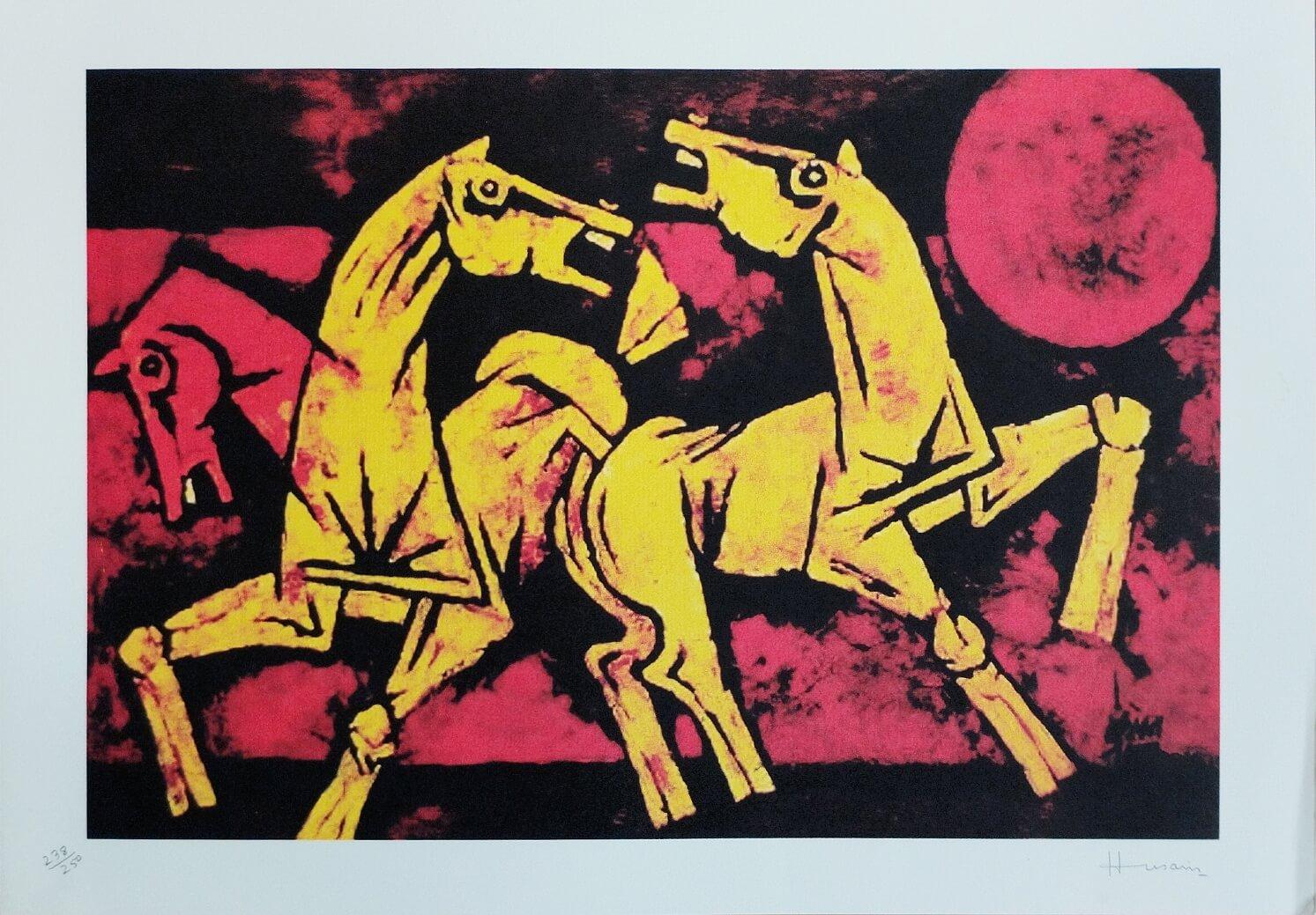 M.F. Husain Portrait Print - Horse Series, Serigraph on Paper, Black, Red, Yellow by Modern Artist M.F Husain