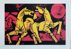 Horse Series, Serigraph on Paper, Black, Red, Yellow by Modern Artist M.F Husain